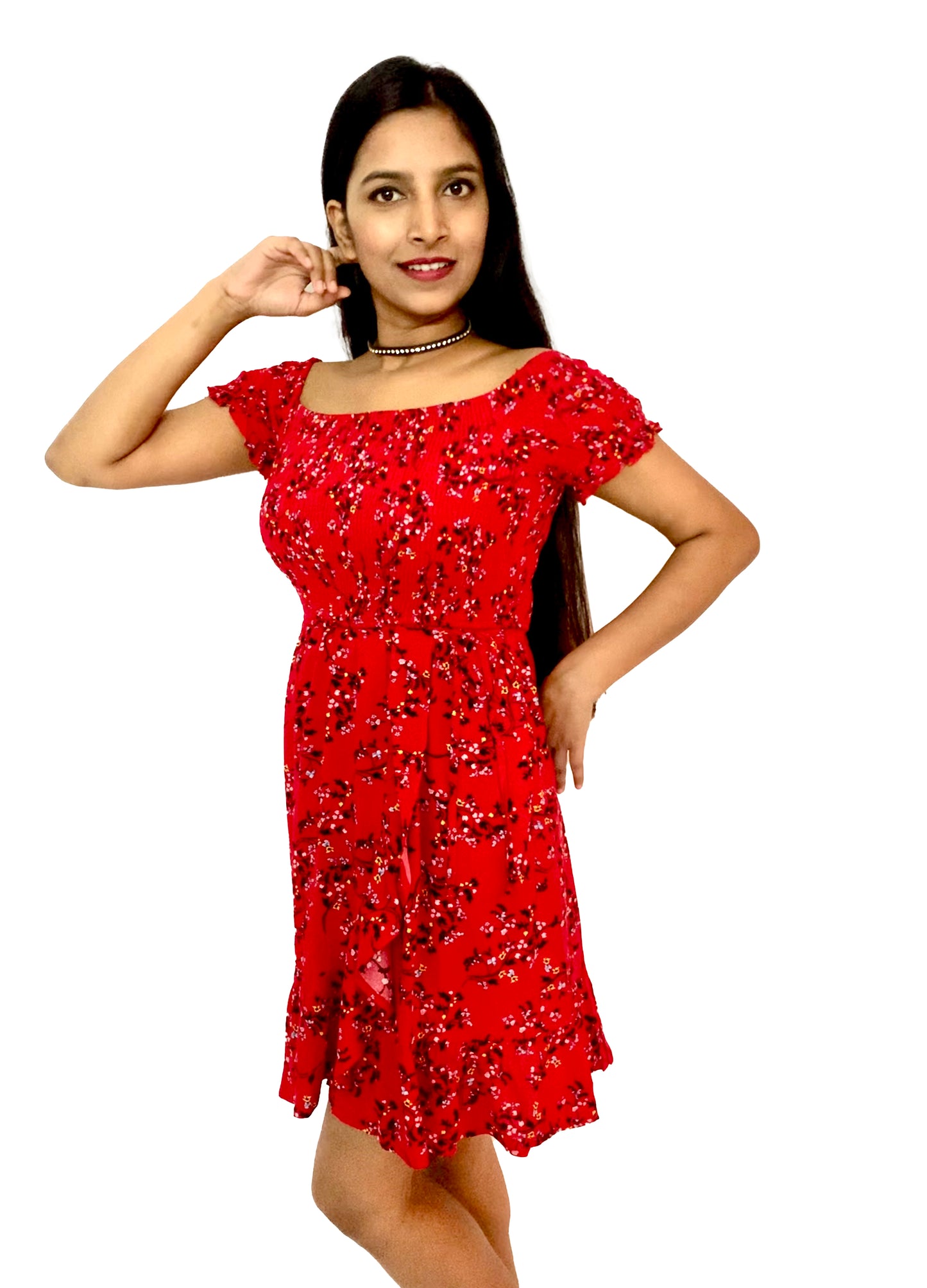 Women Red Color Printed Fit And Flare Off-Shoulder Dress.