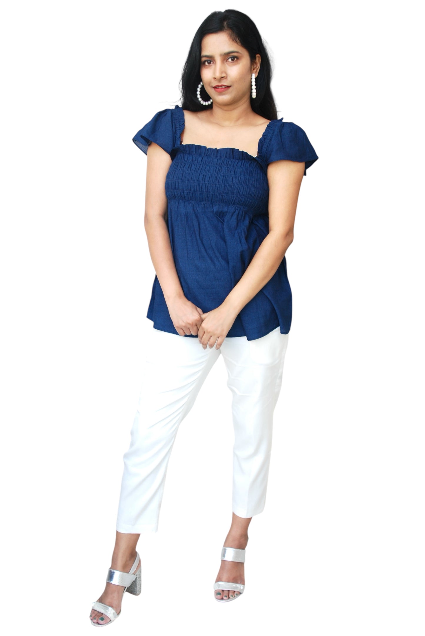 Women Navy Blue Color Sqaure Neck Top.