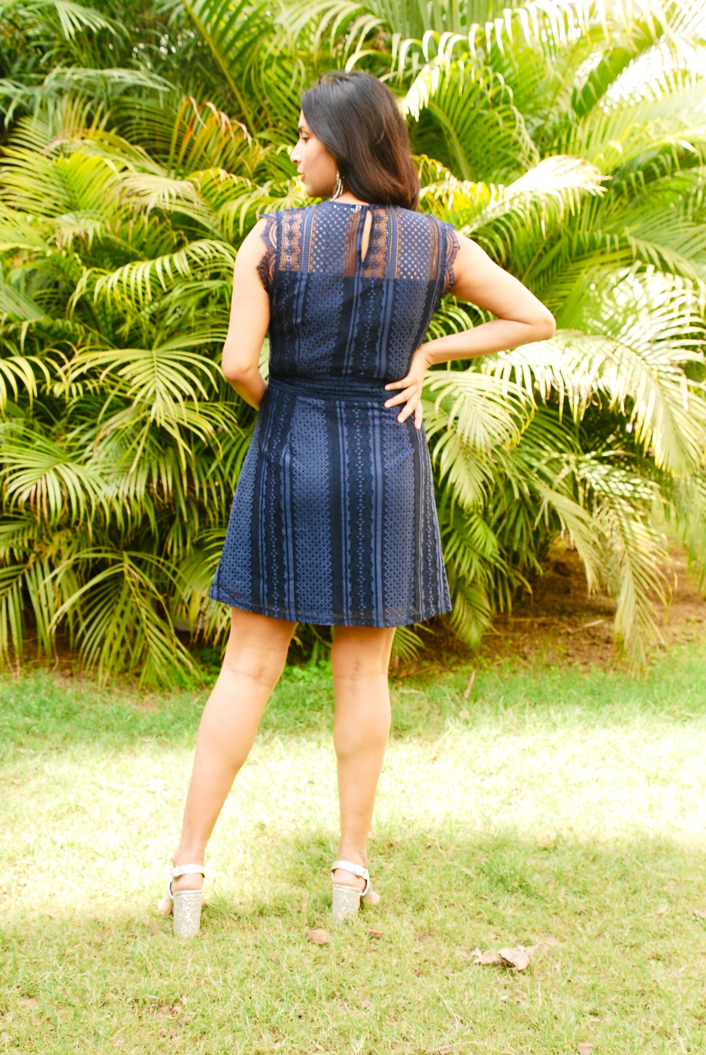 Women Navy Blue Color Lace Scalloped Sleeve Designer A-Line Dress