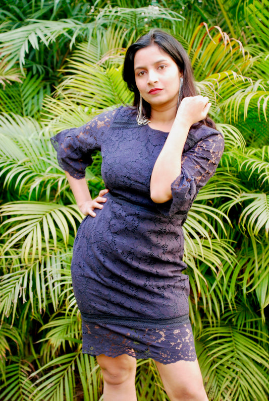 Women Empire Waist  Lace Fabric Navy Blue Dress