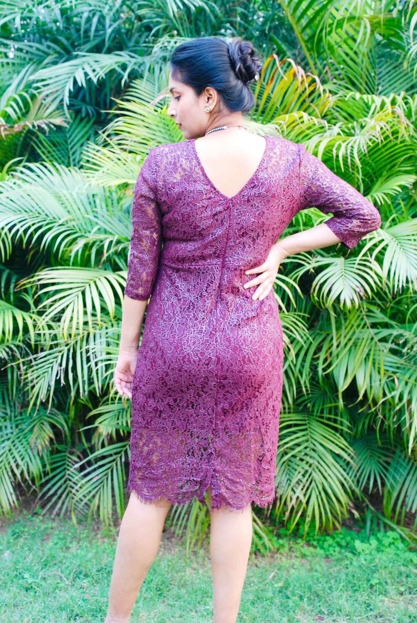 Women Wine Color Lace Fabric Empire Waist Line Designer Dress