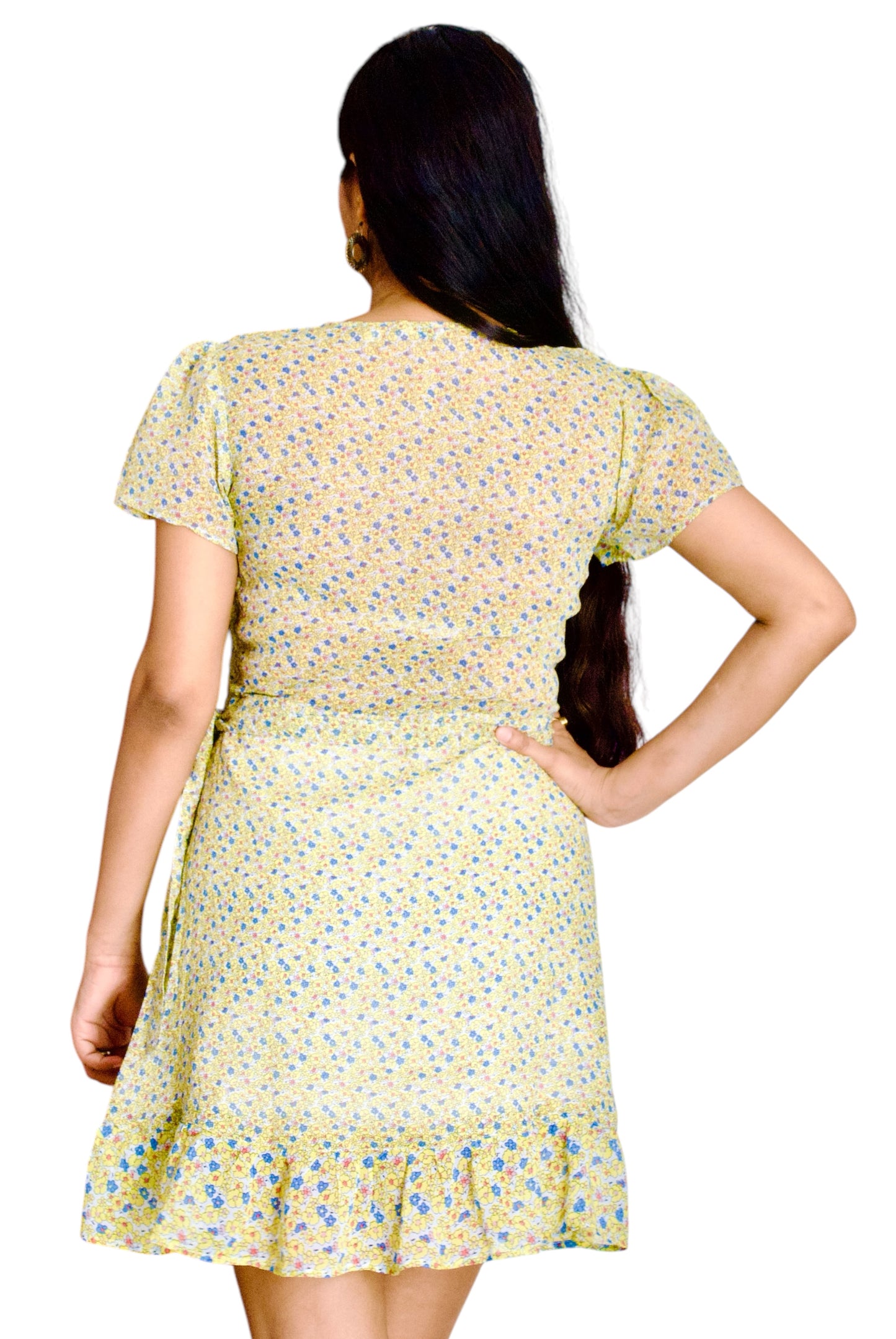 Women Yellow Color Printed V-neck Waist Wrap Dress.
