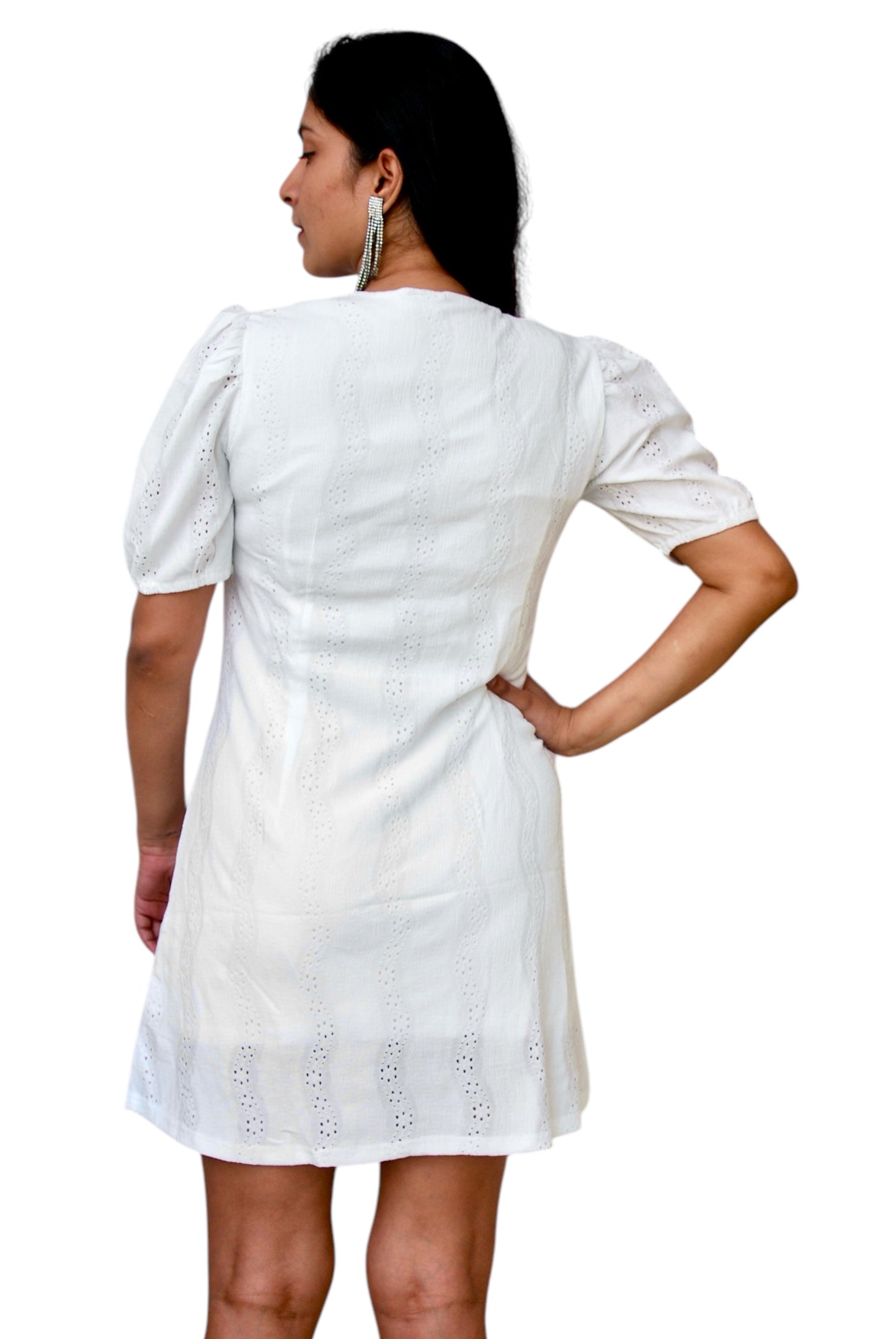 Women White Color V-Neck Designer Fabric Front Open Summer Dress