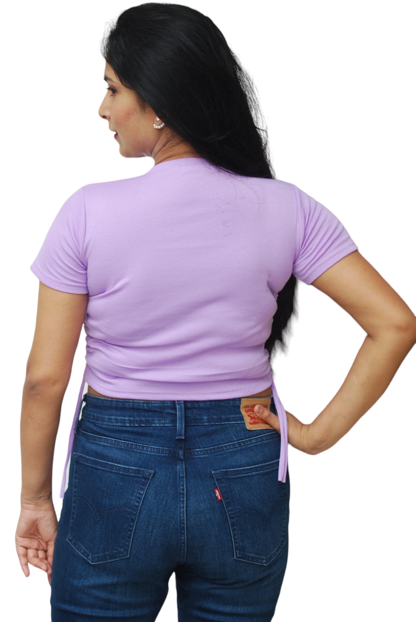 Women Lavender Color Side Ruched Ribbed Fabric Crop Top