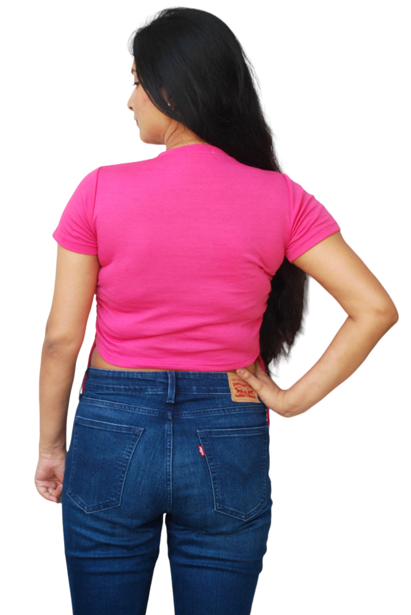 Women Fuchsia Pink Color Side Ruched Ribbed Fabric Crop Top