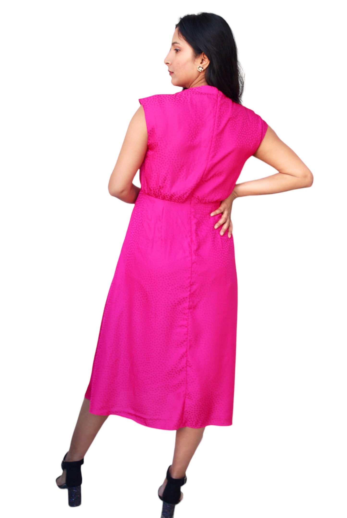 Women Fuchsia Pink Polka dot Design Cowl Neck Midi Dress