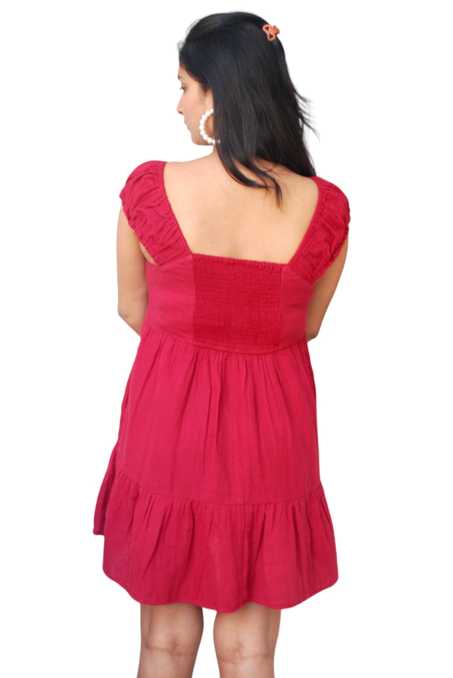 Women Maroon Color Tiered Short Dress