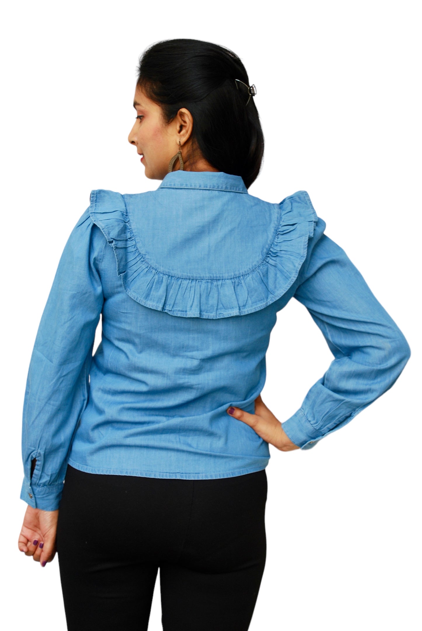 Women Slim Fit Washed Button Down Collar Casual Shirt