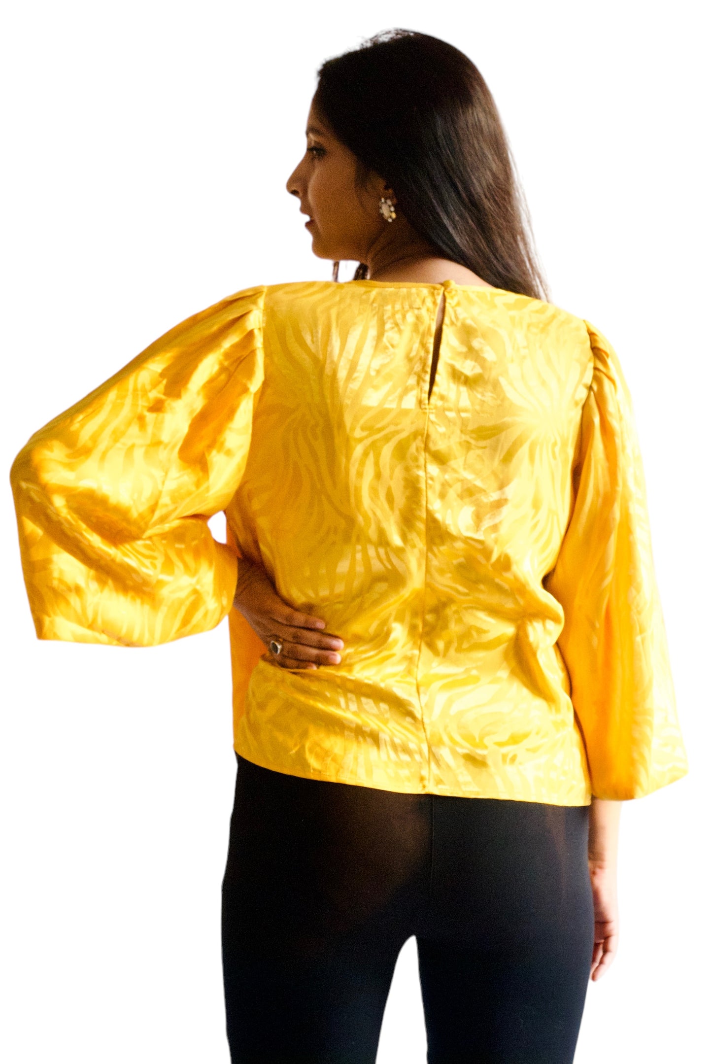 Women Yellow Color Self Embossed Party Wear Top.