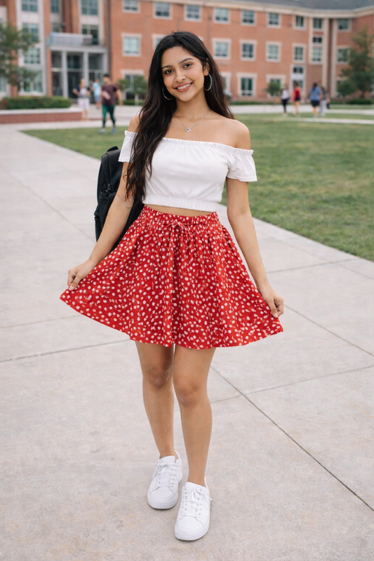Women Red Color Floral Print Short Skirt