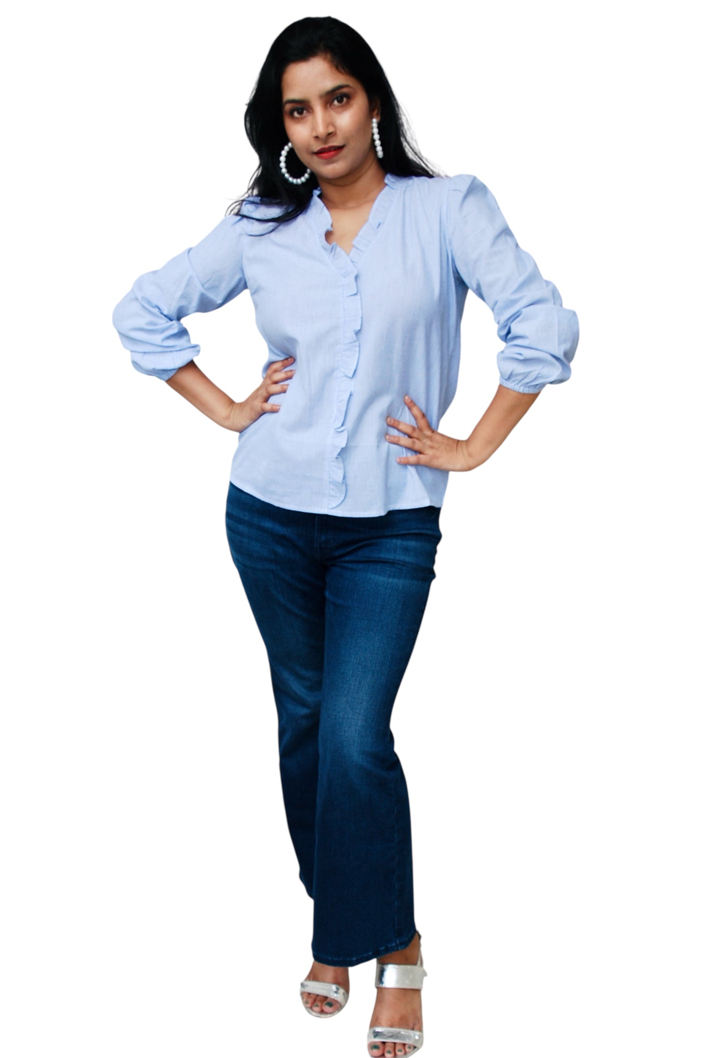 Women White And Blue Color Thin Stripe Cotton Shirt
