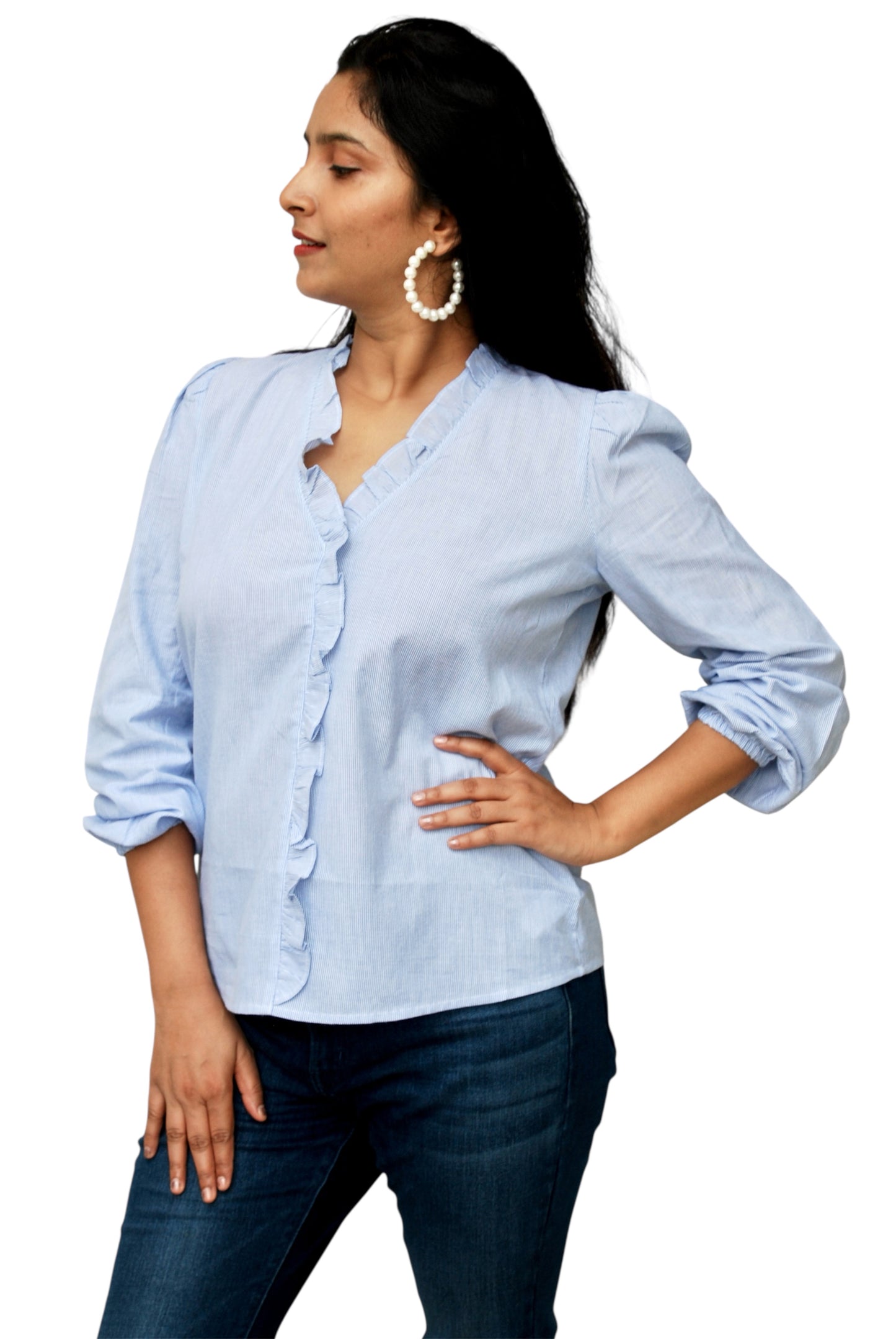 Women White And Blue Color Thin Stripe Cotton Shirt