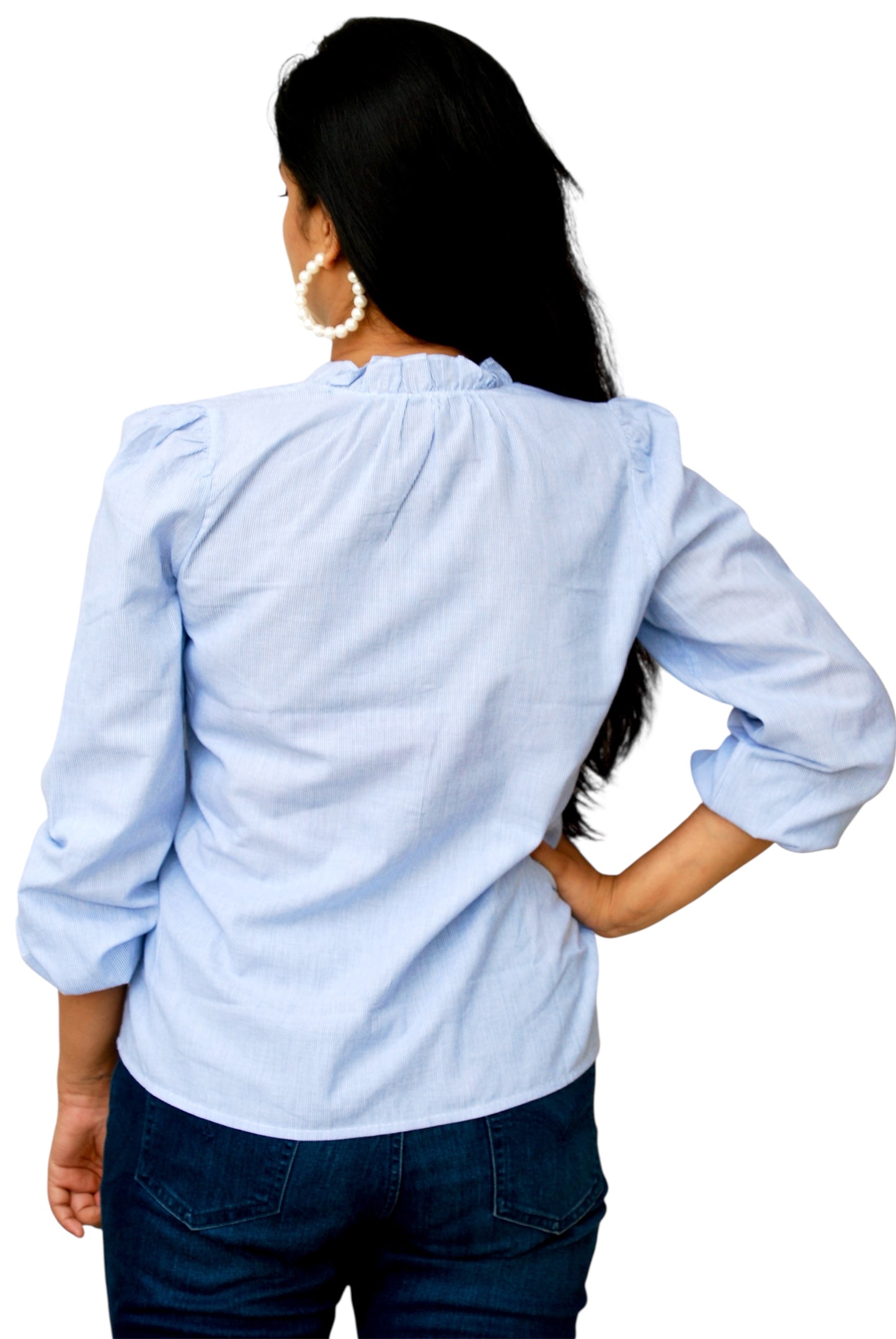 Women White And Blue Color Thin Stripe Cotton Shirt