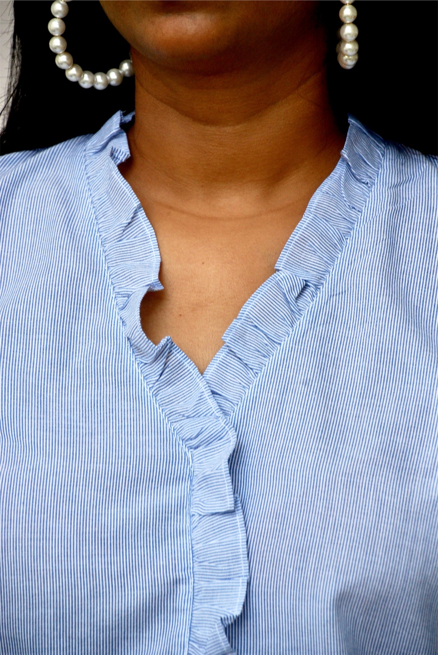 Women White And Blue Color Thin Stripe Cotton Shirt