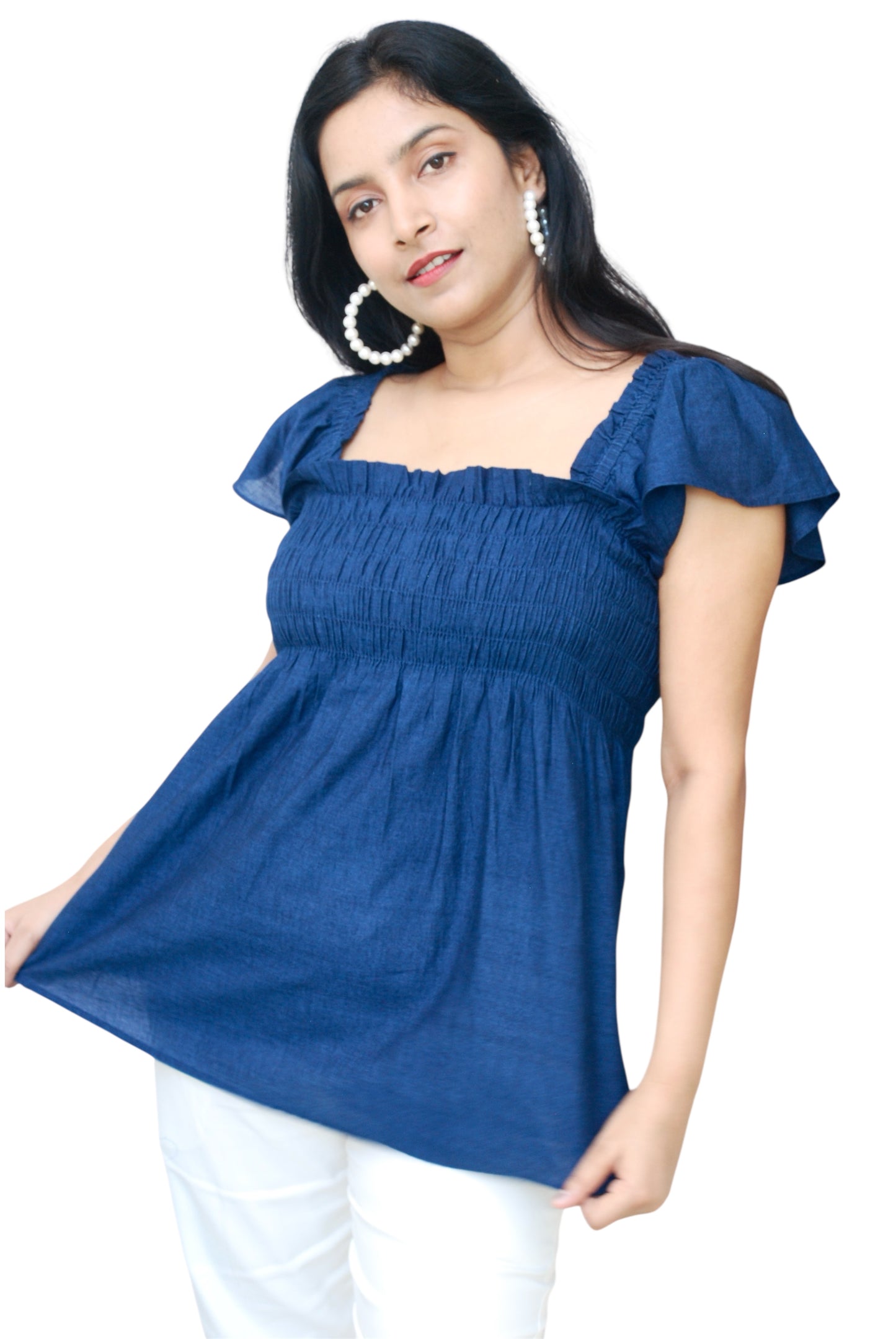 Women Navy Blue Color Sqaure Neck Top.