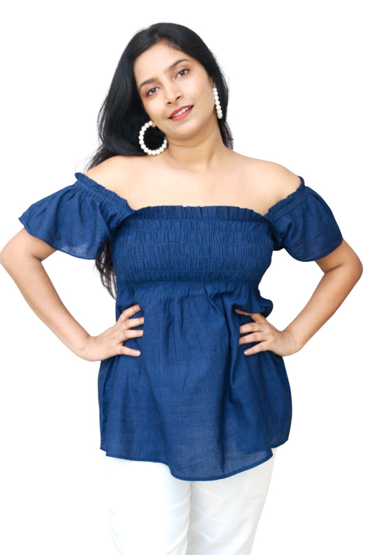 Women Navy Blue Color Sqaure Neck Top.