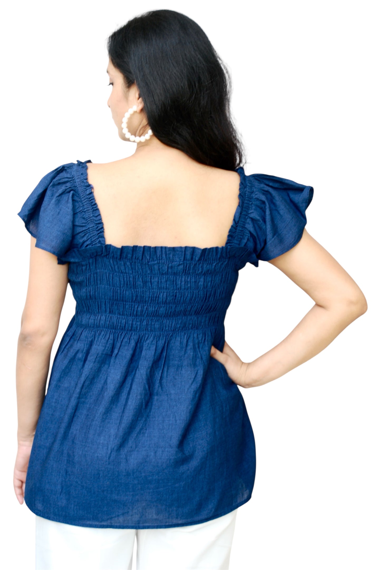 Women Navy Blue Color Sqaure Neck Top.