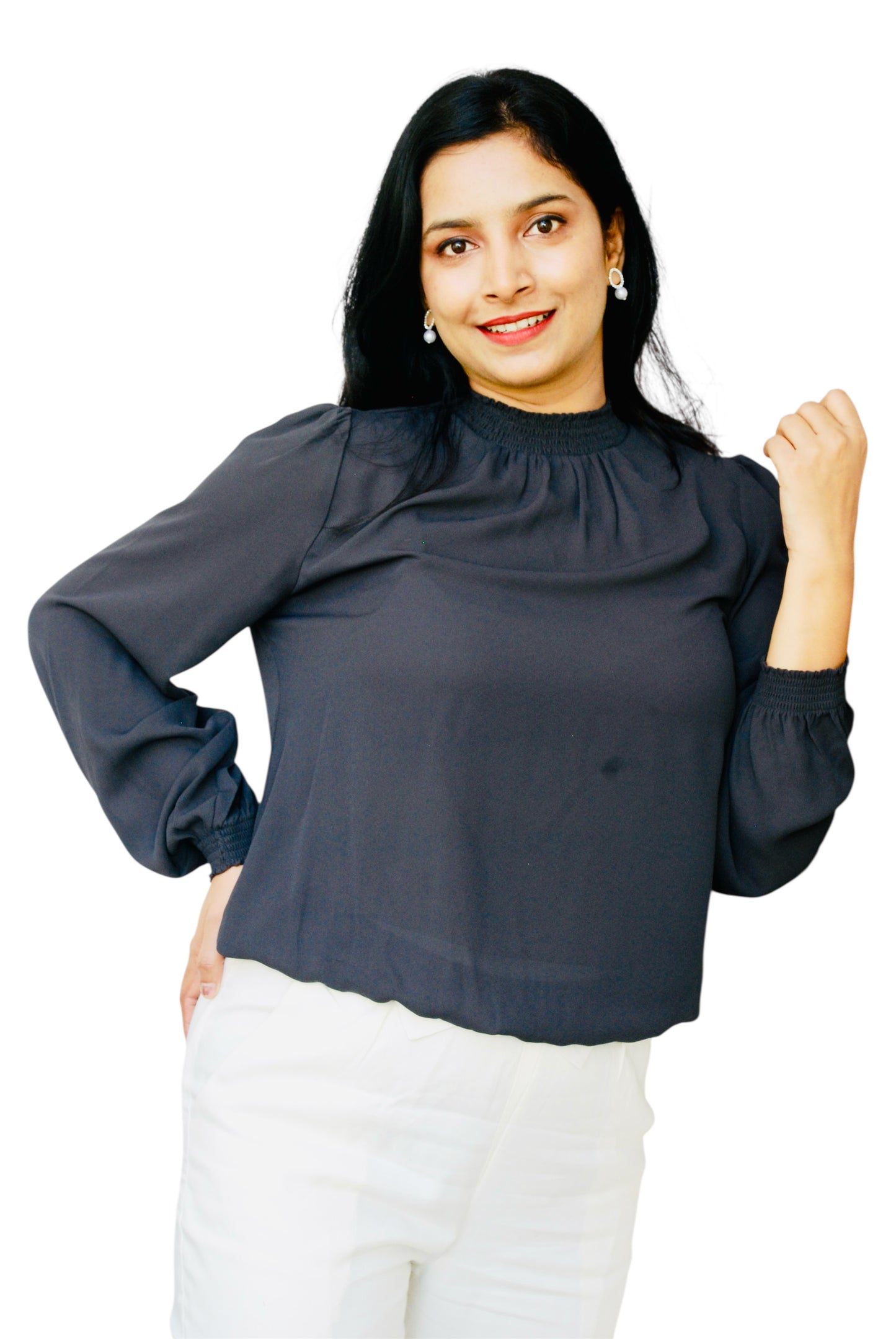 Women Charcoal Grey Color Solid High Neck Top
