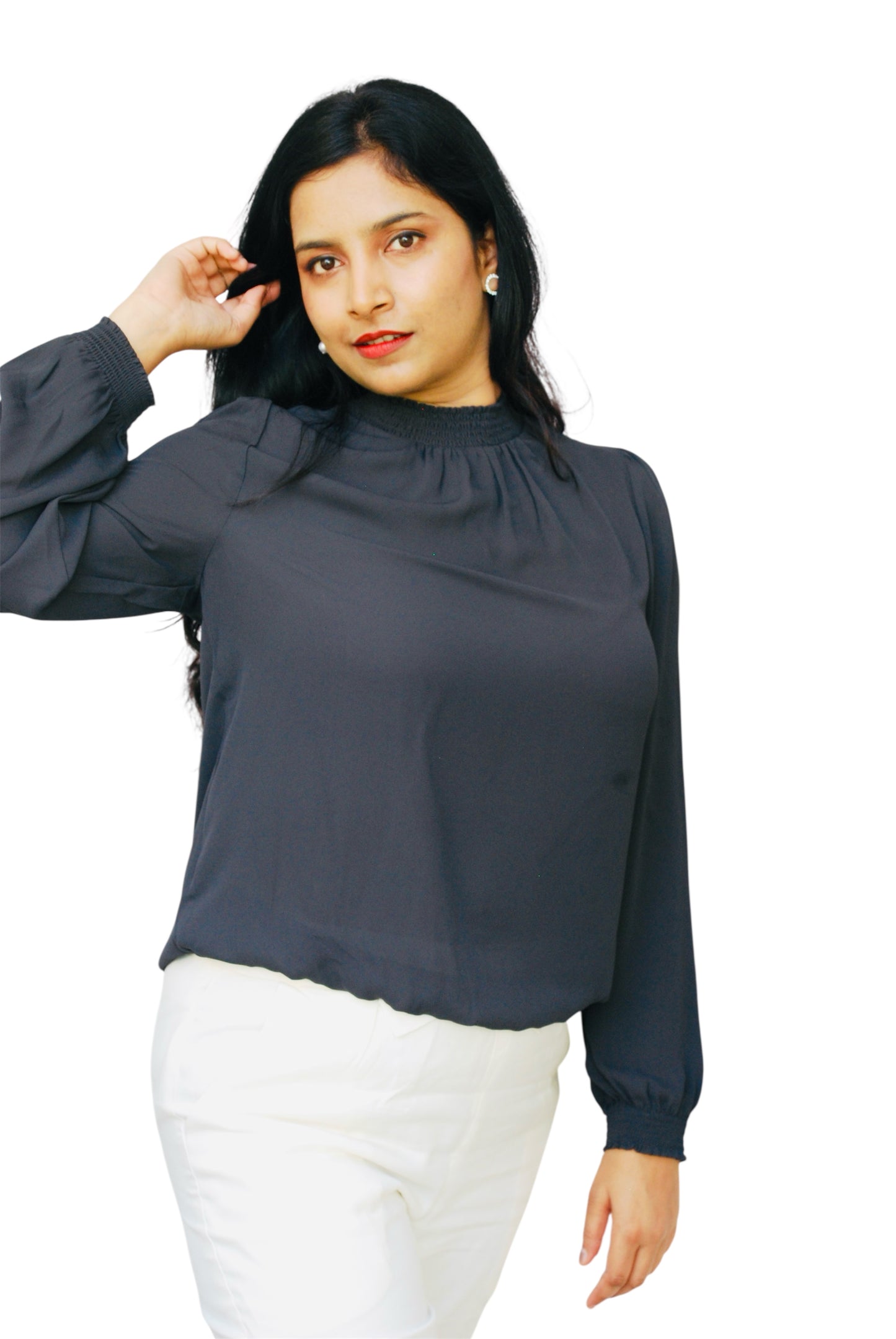 Women Charcoal Grey Color Solid High Neck Top