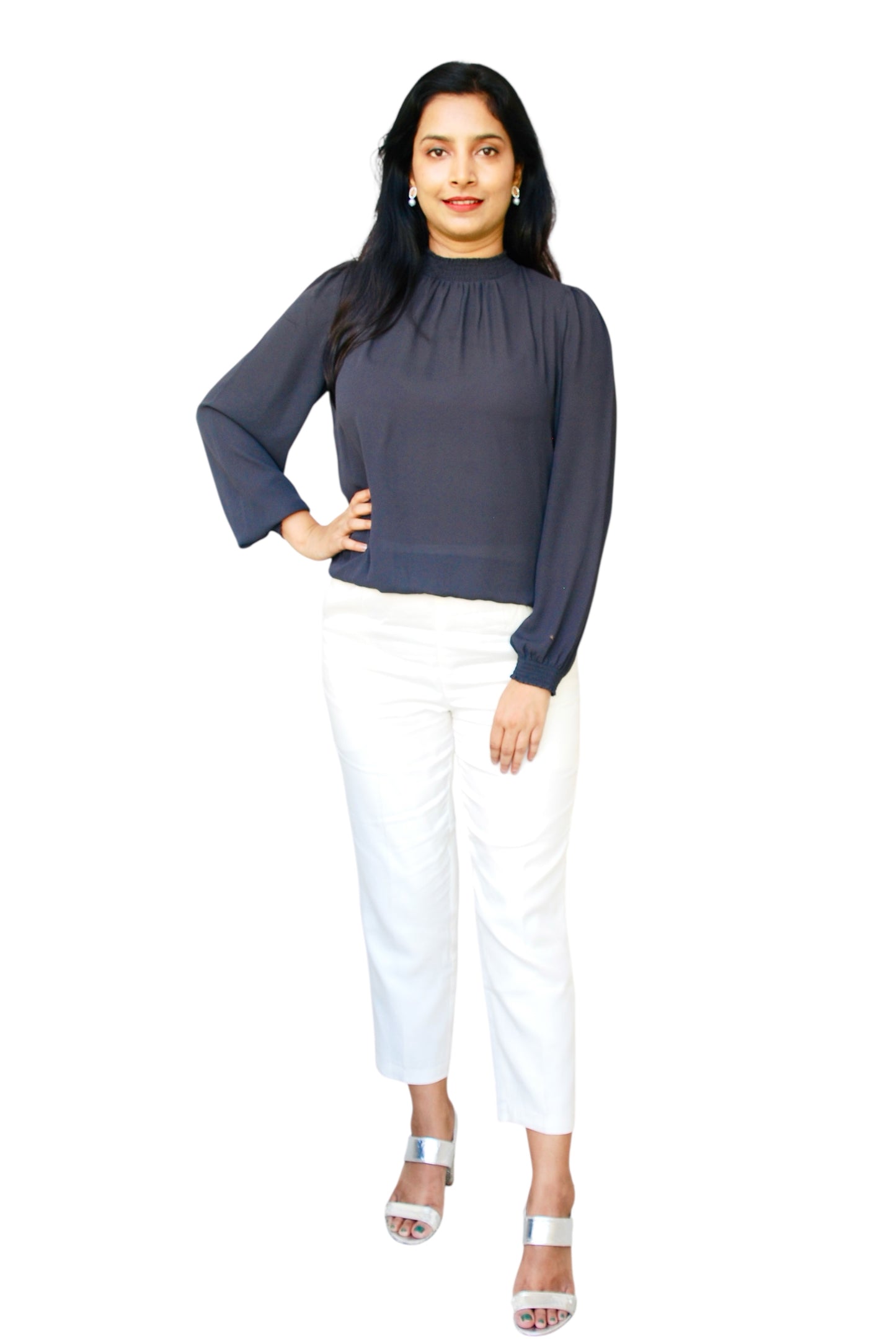 Women Charcoal Grey Color Solid High Neck Top