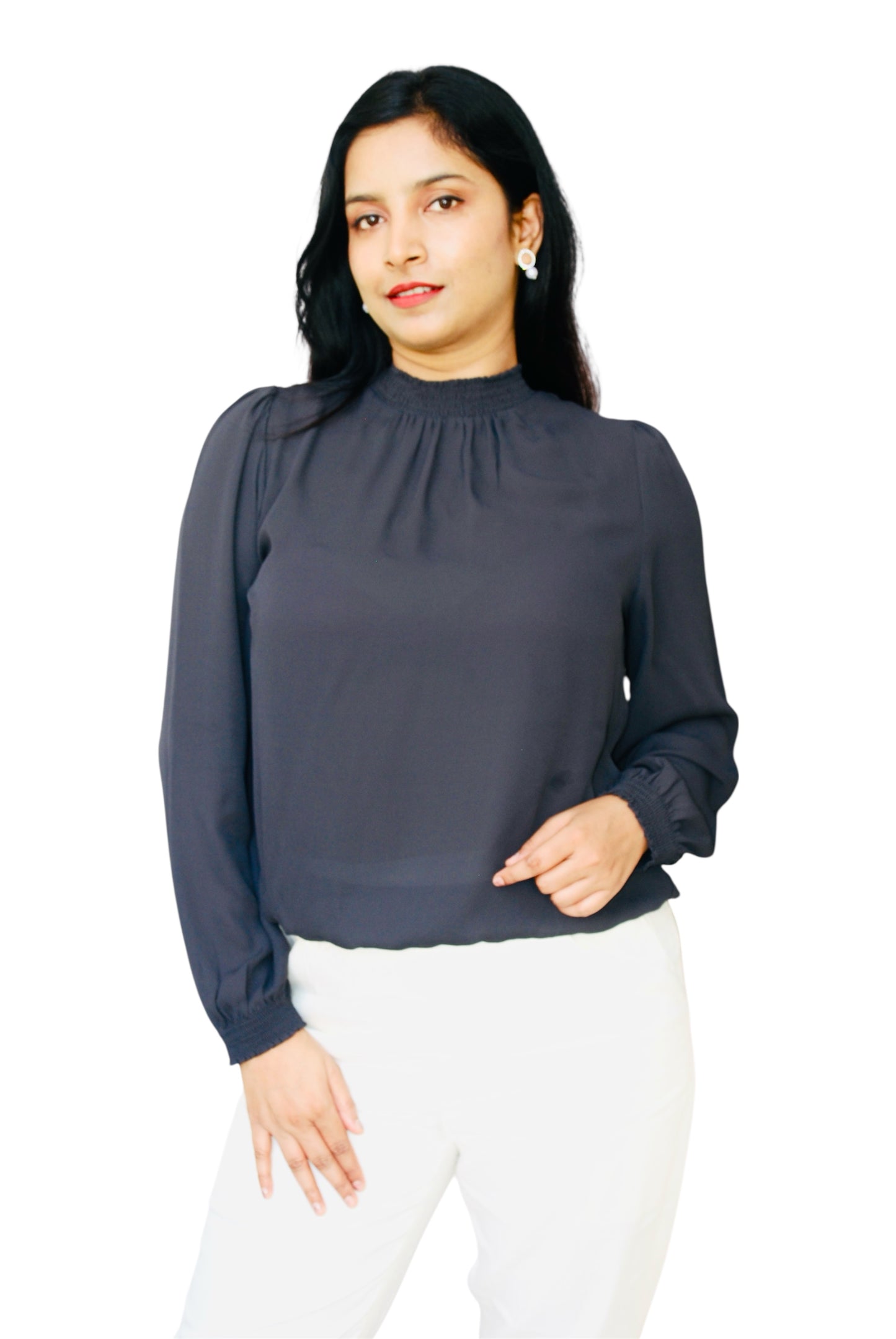 Women Charcoal Grey Color Solid High Neck Top