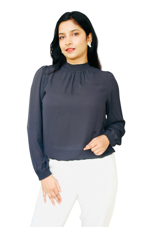 Women Charcoal Grey Color Solid High Neck Top