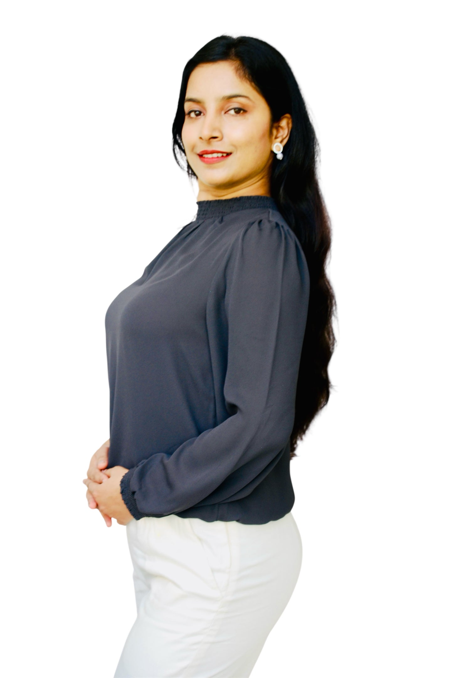 Women Charcoal Grey Color Solid High Neck Top