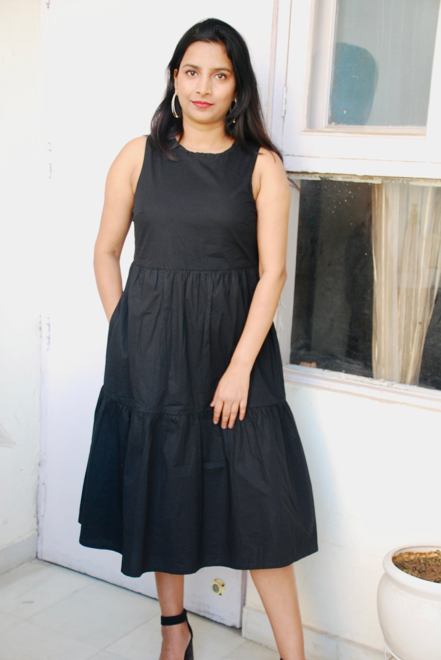 Women Black Color Cotton Fabric Tiered Drerss