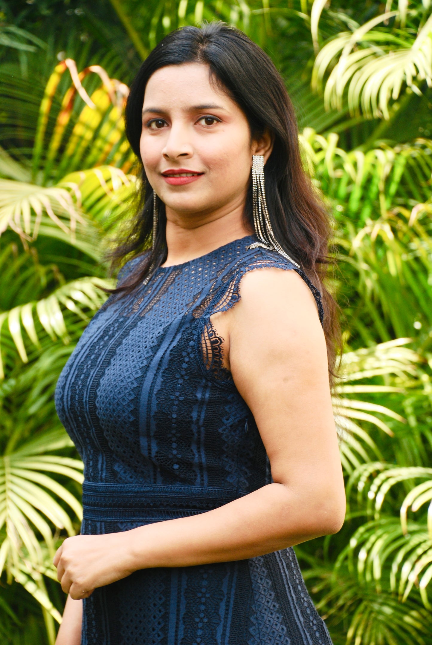 Women Navy Blue Color Lace Scalloped Sleeve Designer A-Line Dress