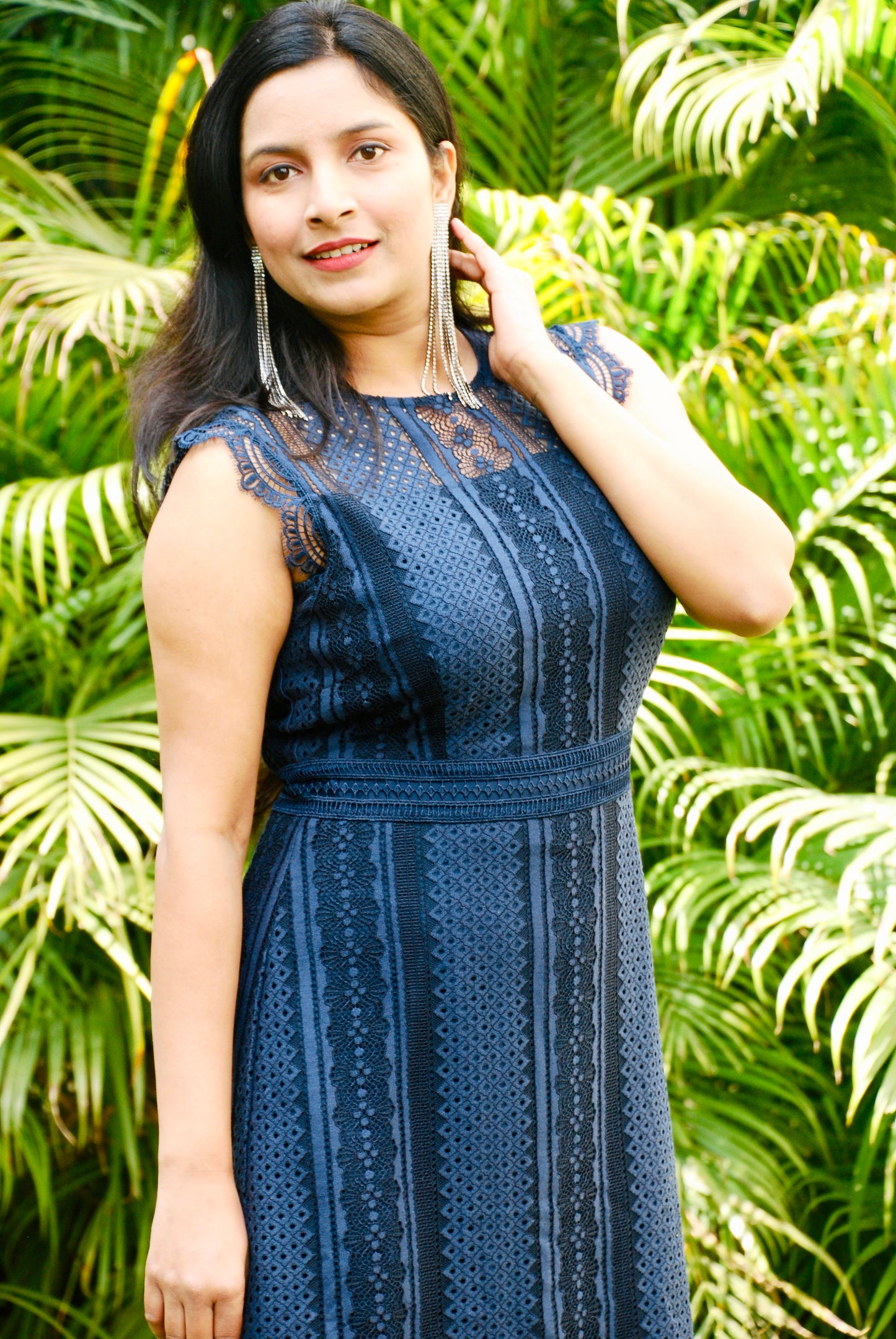 Women Navy Blue Color Lace Scalloped Sleeve Designer A-Line Dress