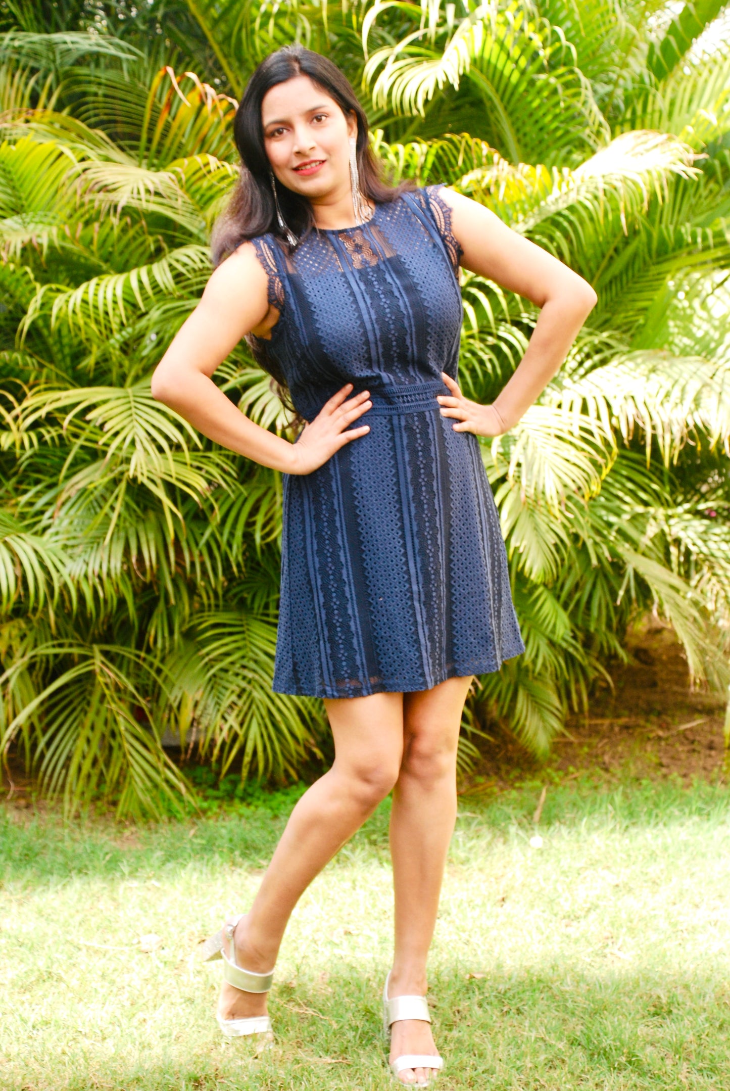 Women Navy Blue Color Lace Scalloped Sleeve Designer A-Line Dress