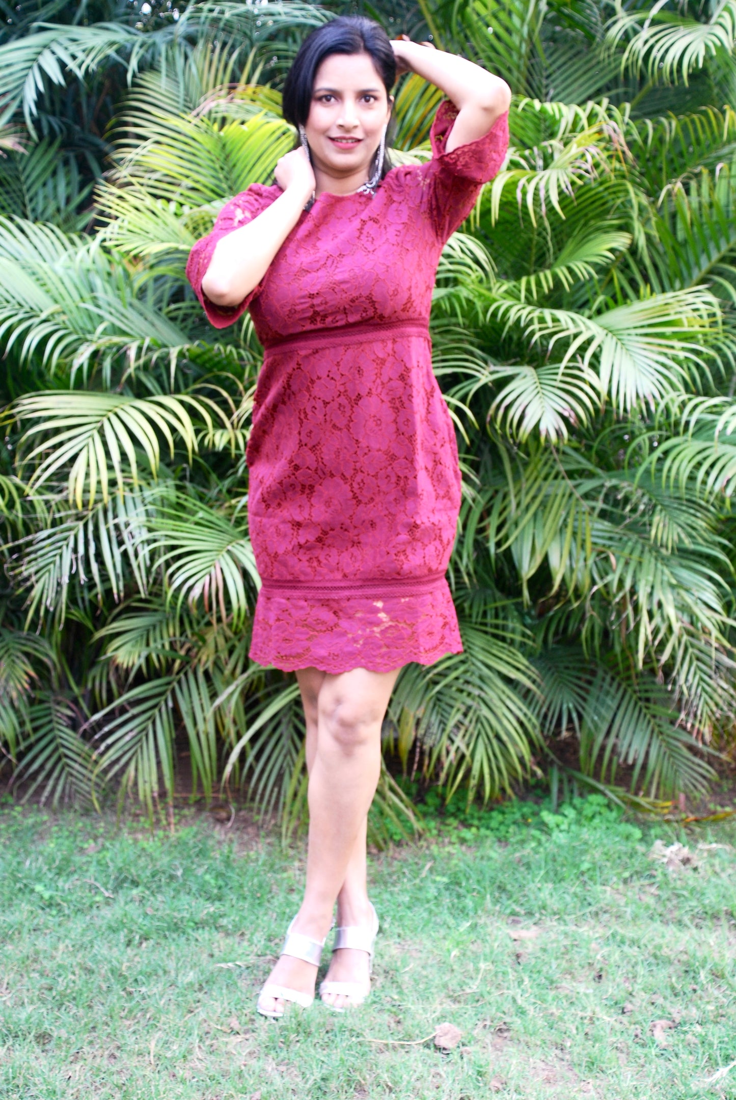 Women Empire Waist Lace Fabric Maroon Dress