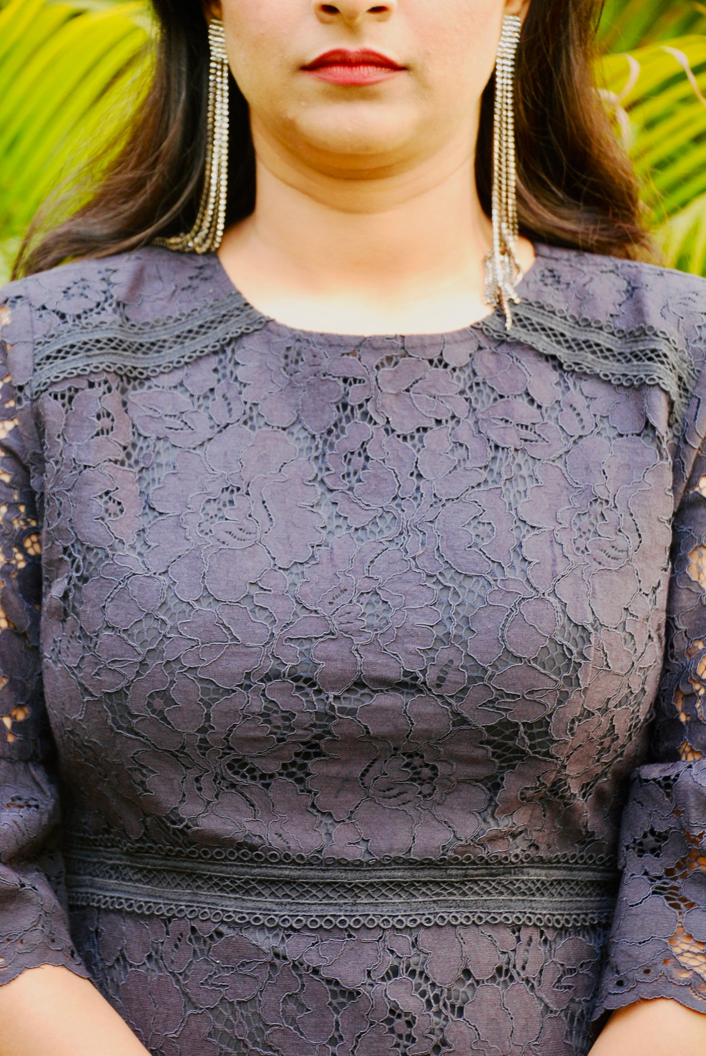 Women Empire Waist  Lace Fabric Navy Blue Dress