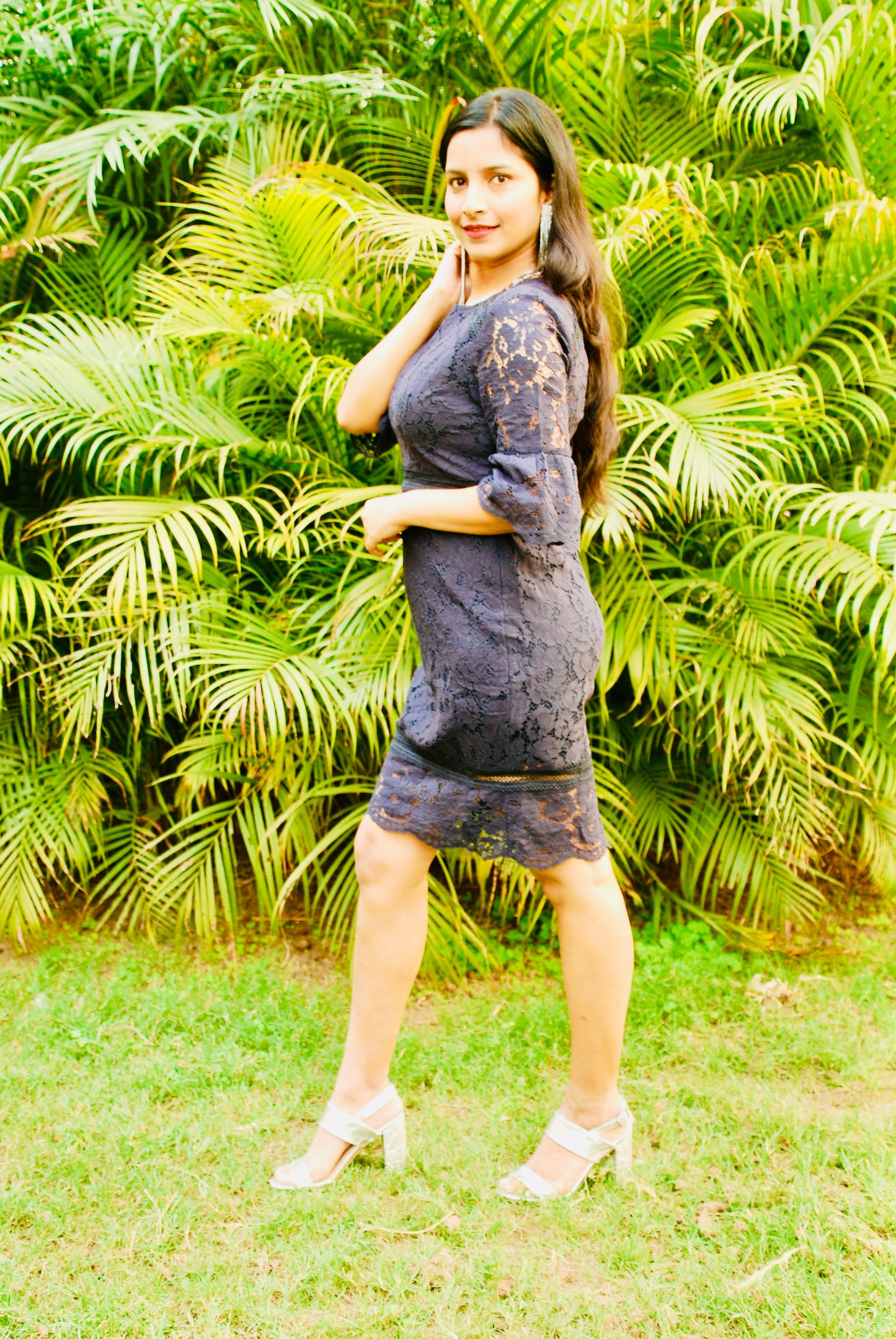 Women Empire Waist  Lace Fabric Navy Blue Dress