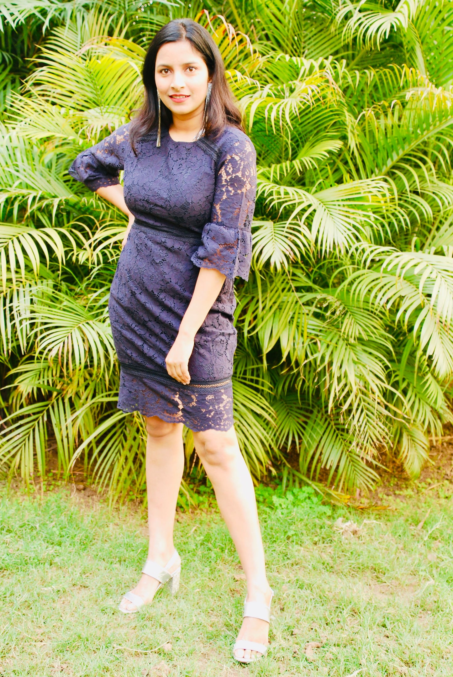 Women Empire Waist  Lace Fabric Navy Blue Dress