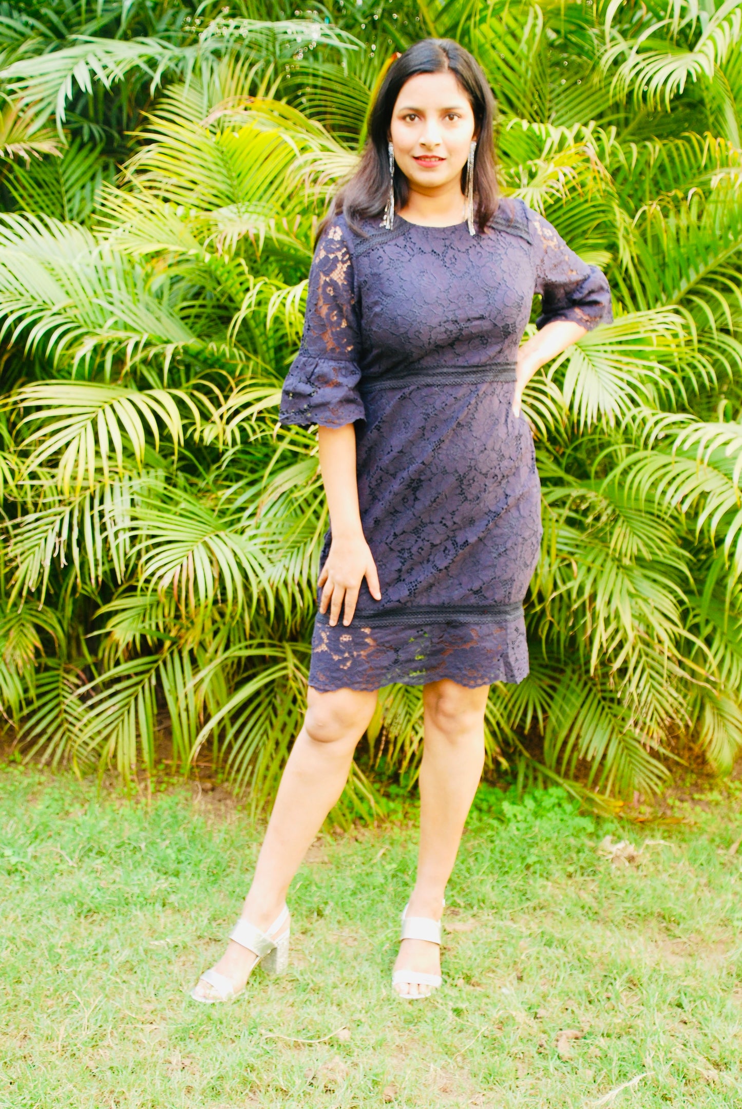 Women Empire Waist  Lace Fabric Navy Blue Dress