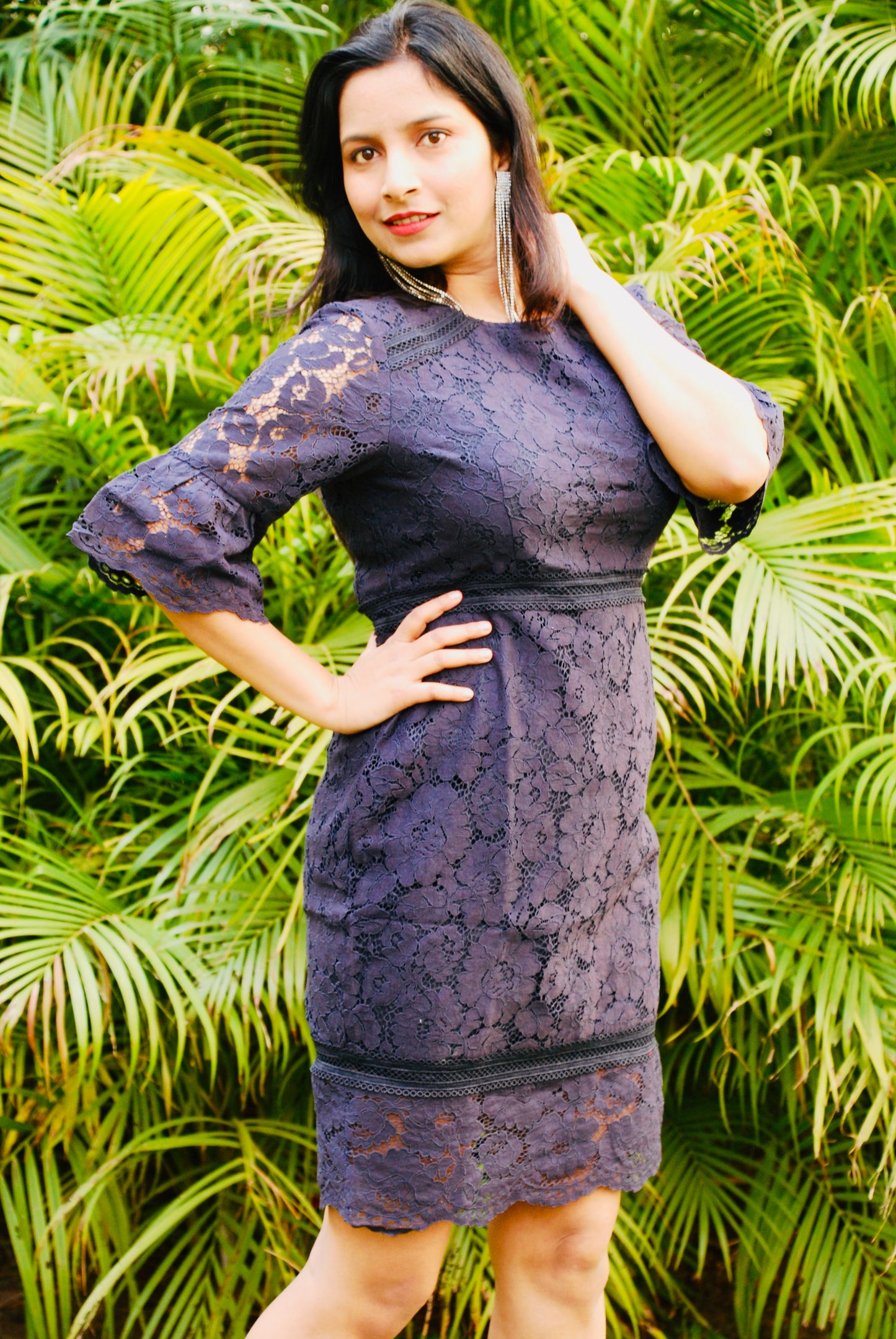 Women Empire Waist  Lace Fabric Navy Blue Dress