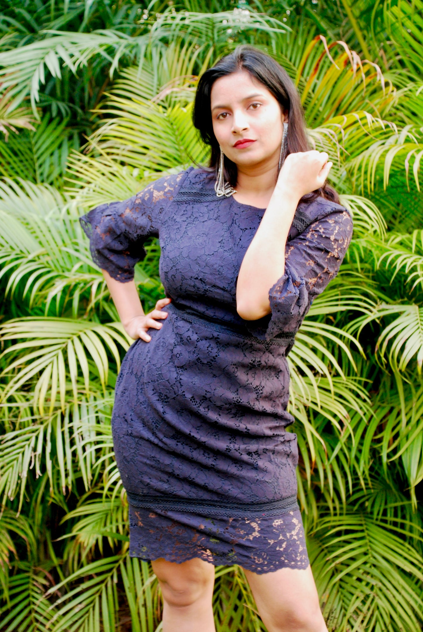 Women Empire Waist  Lace Fabric Navy Blue Dress