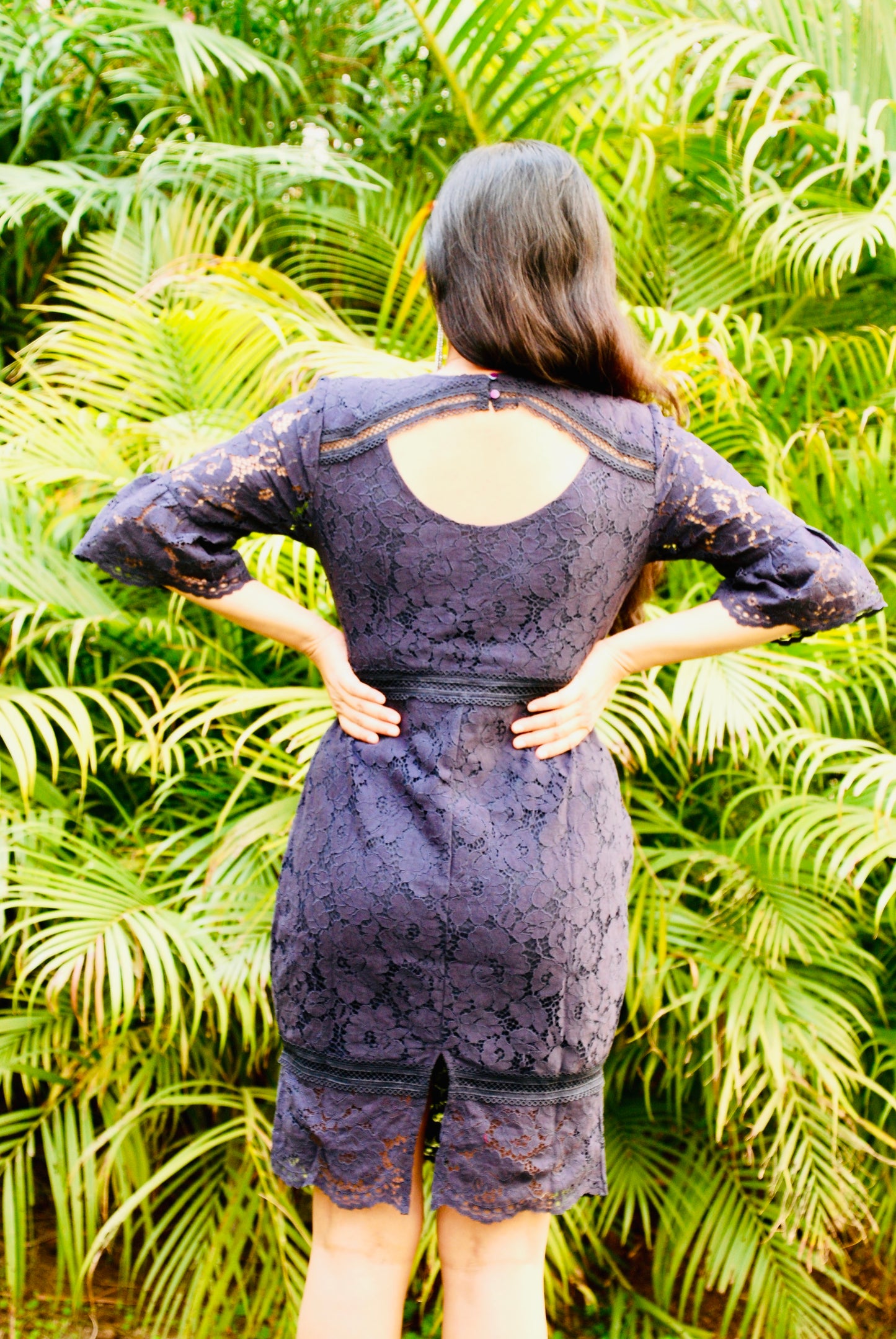 Women Empire Waist  Lace Fabric Navy Blue Dress