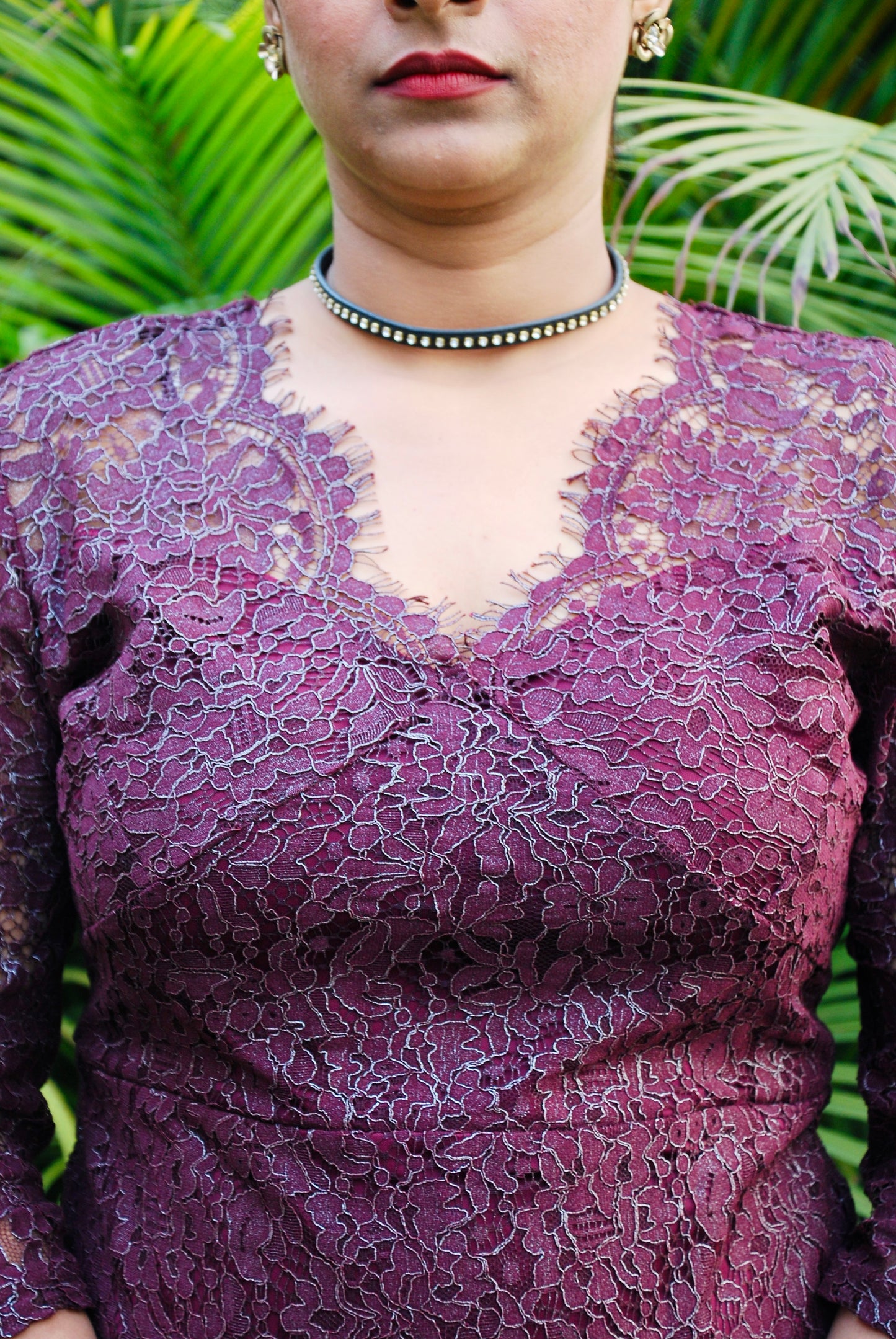 Women Wine Color Lace Fabric Empire Waist Line Designer Dress