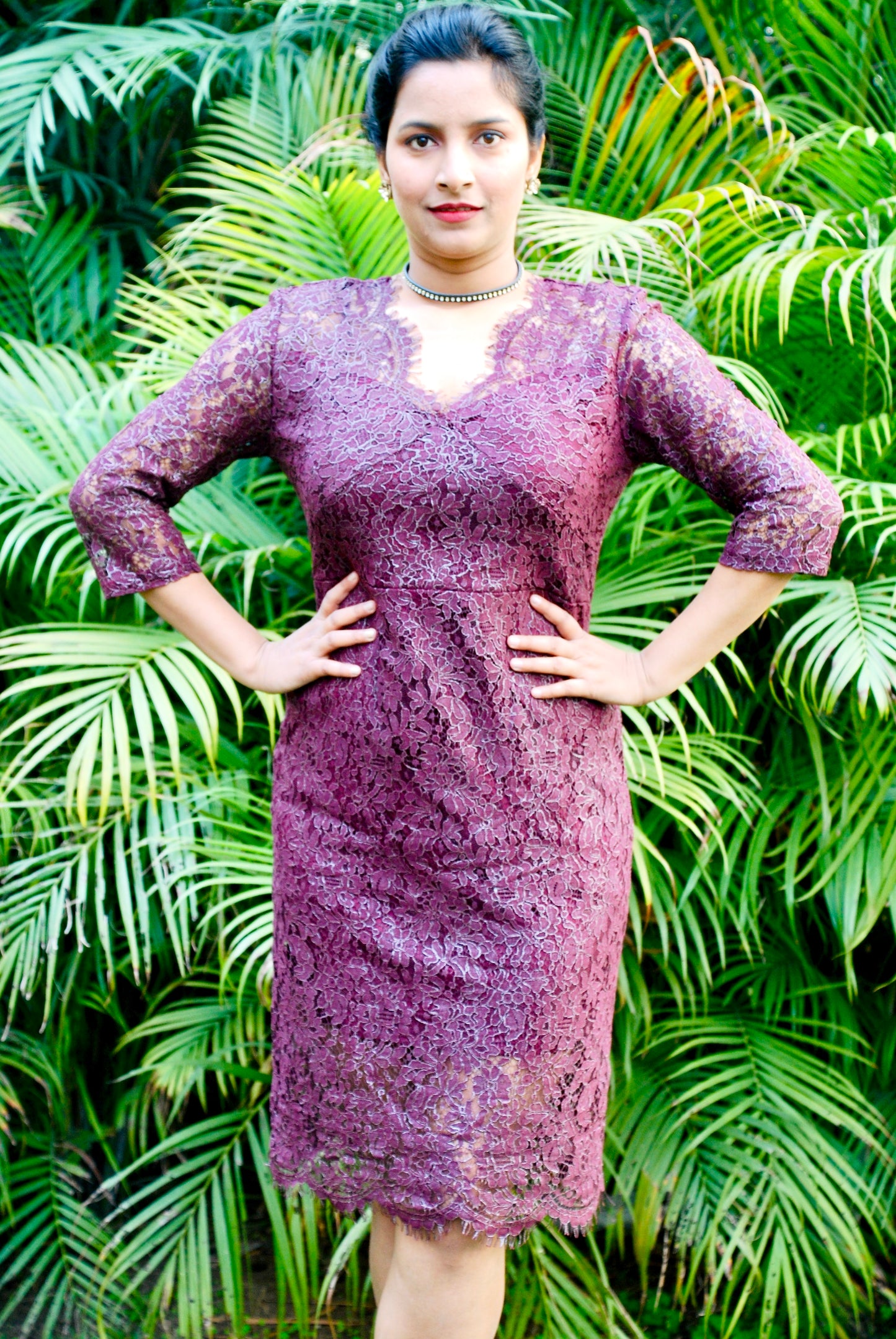 Women Wine Color Lace Fabric Empire Waist Line Designer Dress