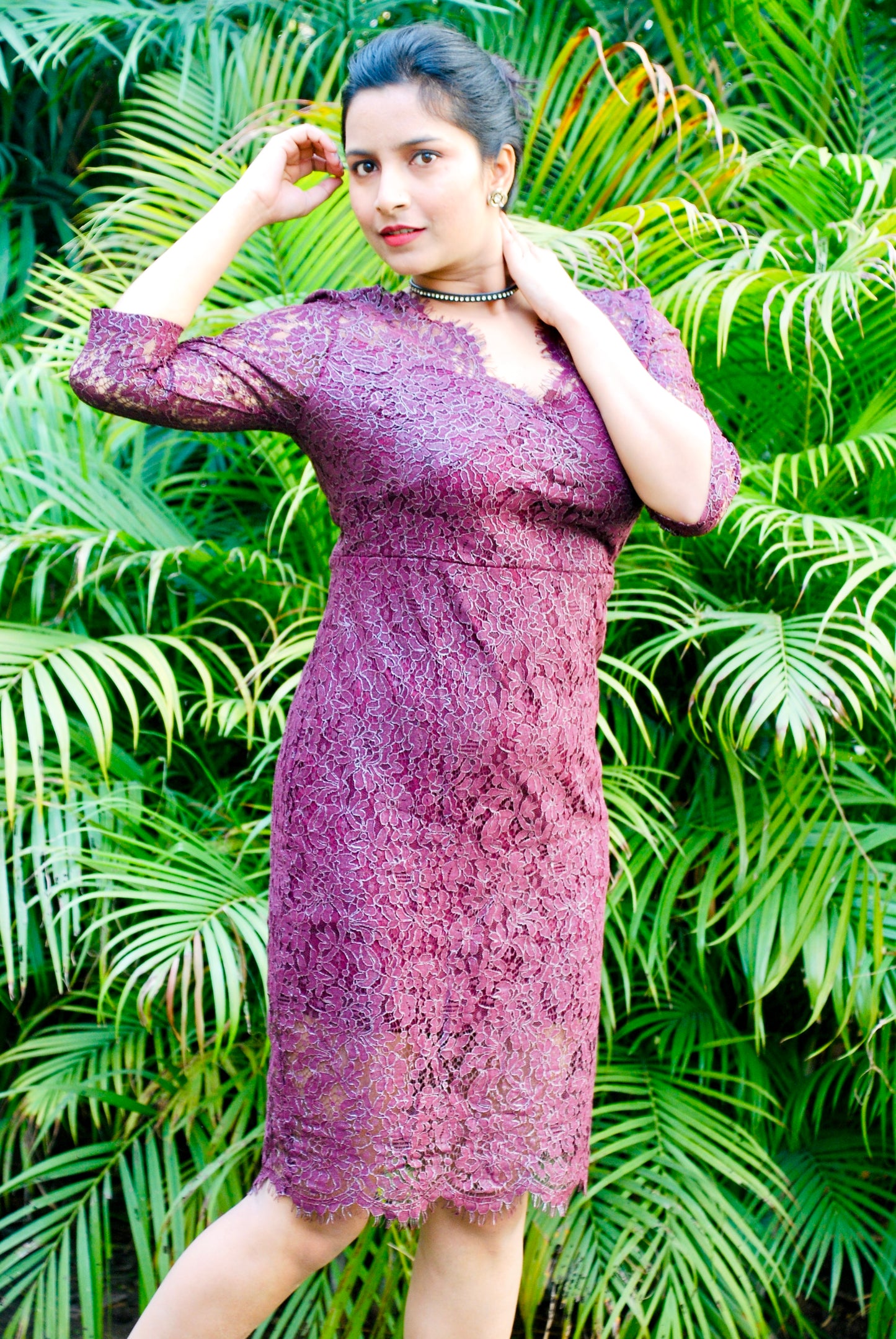 Women Wine Color Lace Fabric Empire Waist Line Designer Dress