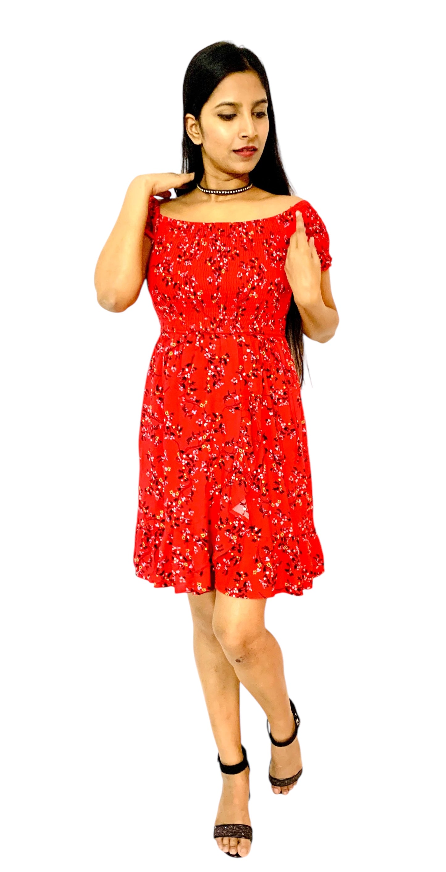 Women Red Color Printed Fit And Flare Off-Shoulder Dress.