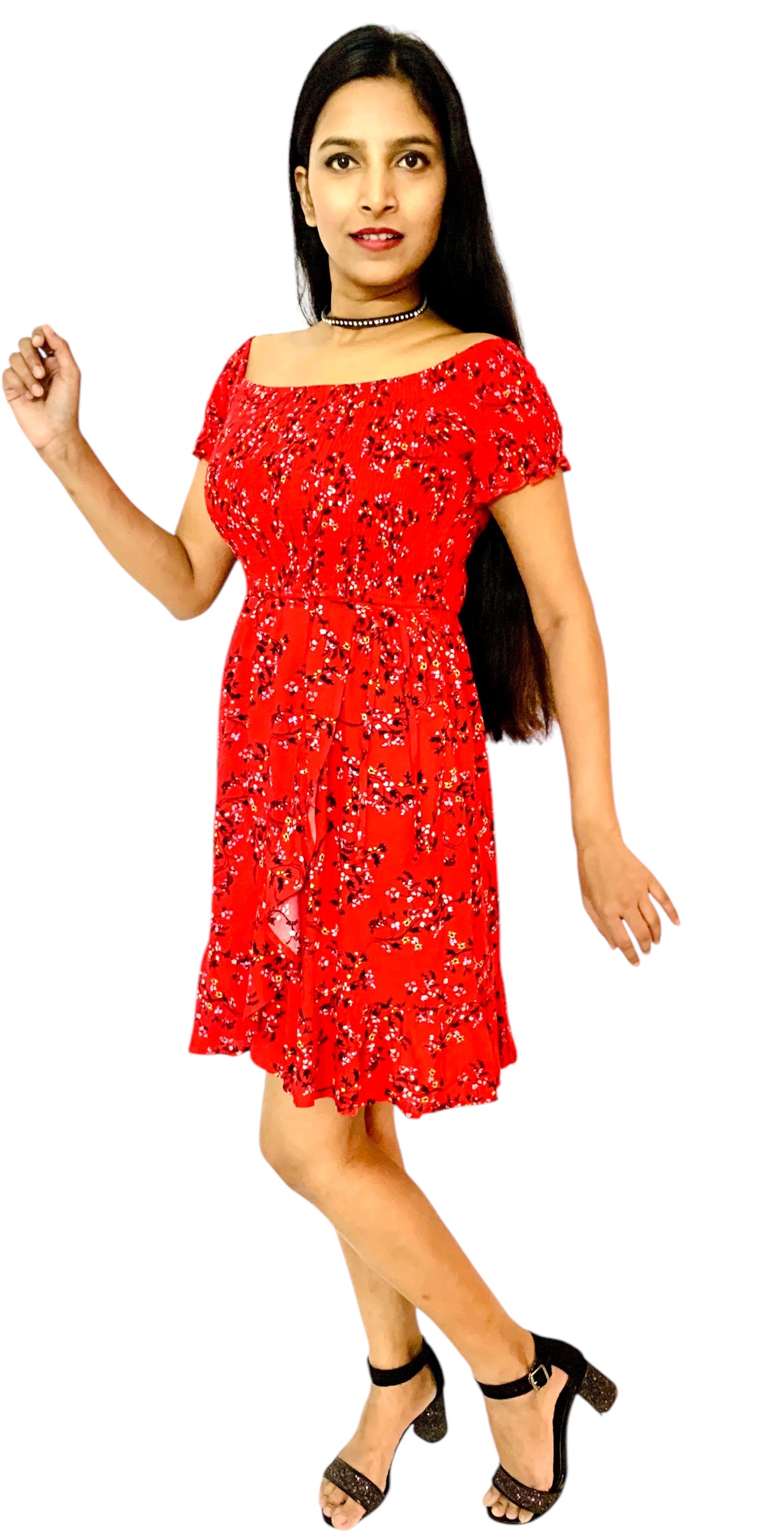 Women Red Color Printed Fit And Flare Off-Shoulder Dress.