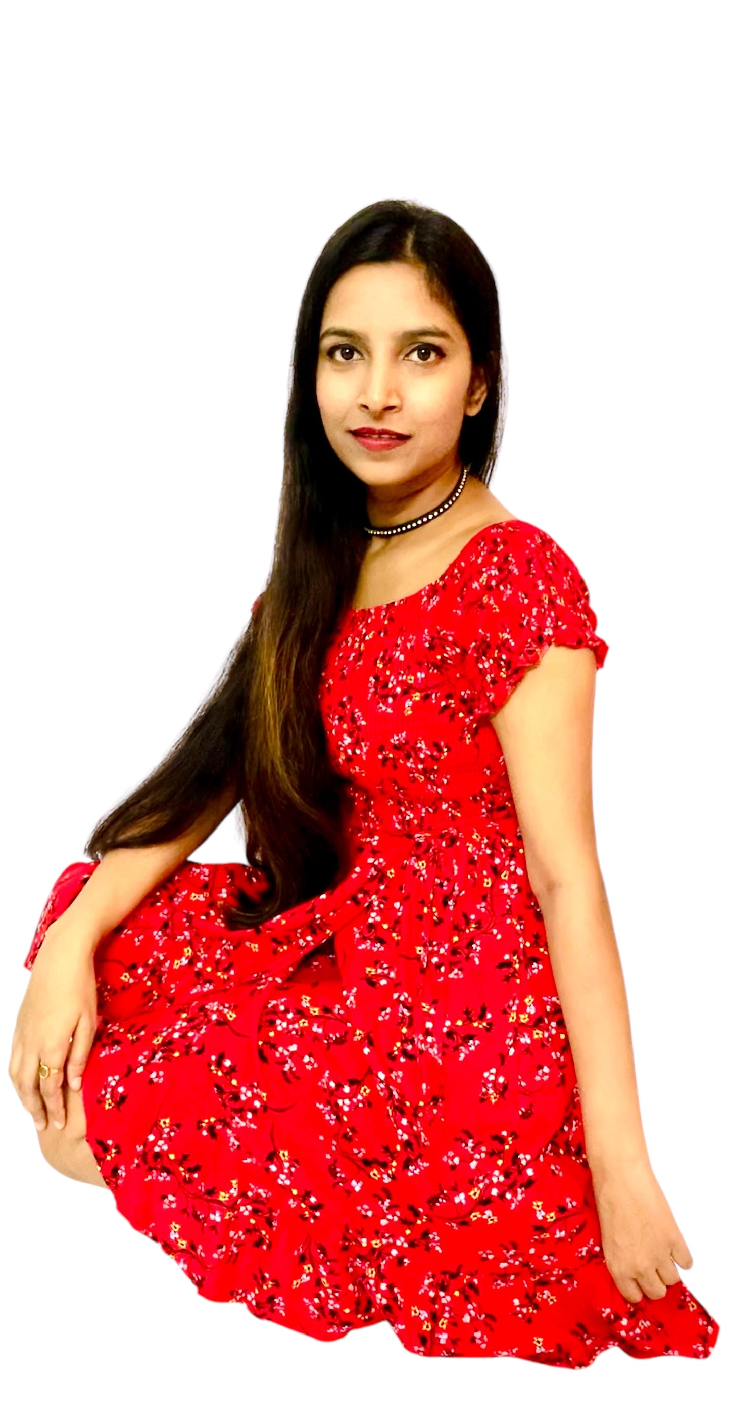 Women Red Color Printed Fit And Flare Off-Shoulder Dress.
