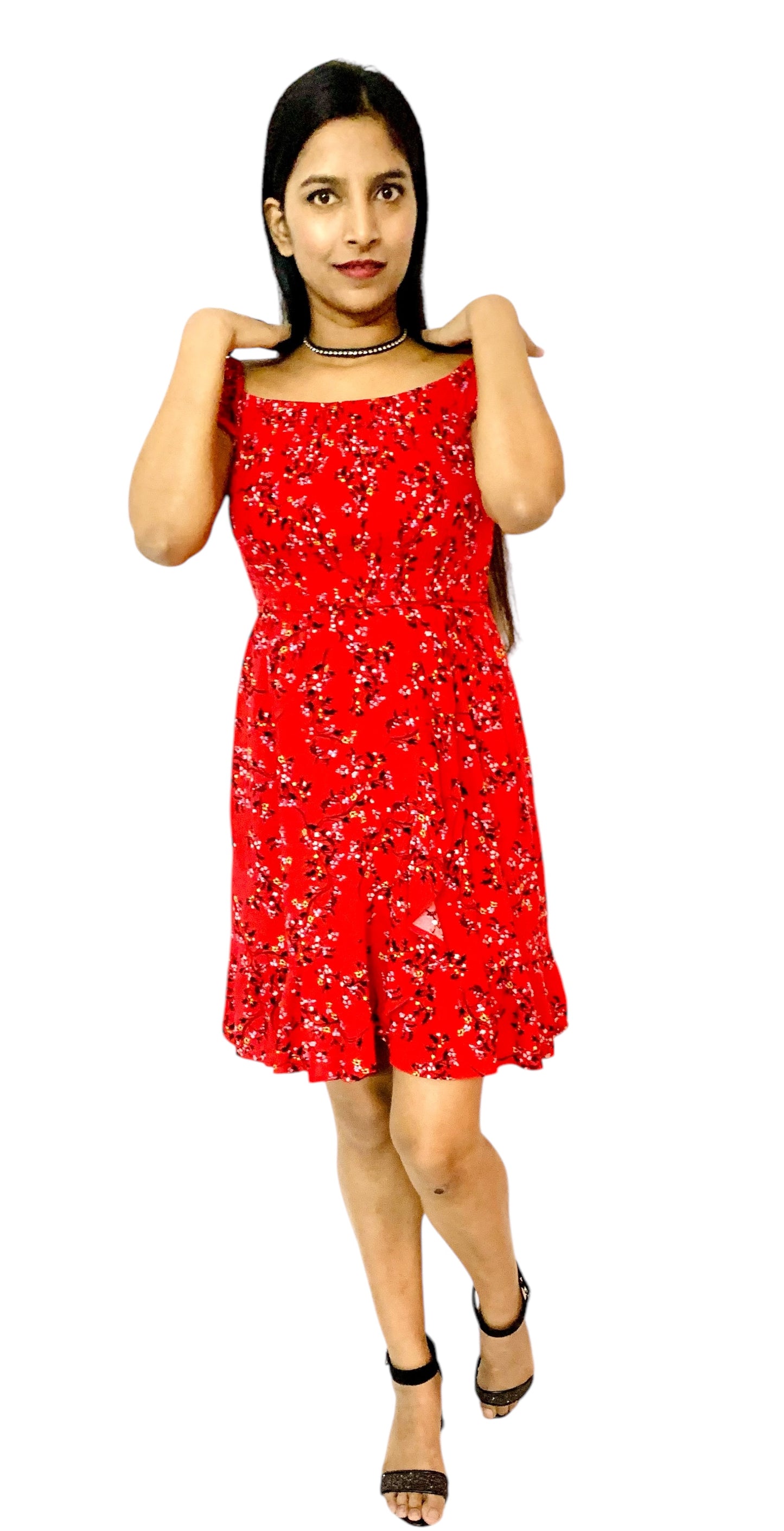 Women Red Color Printed Fit And Flare Off-Shoulder Dress.