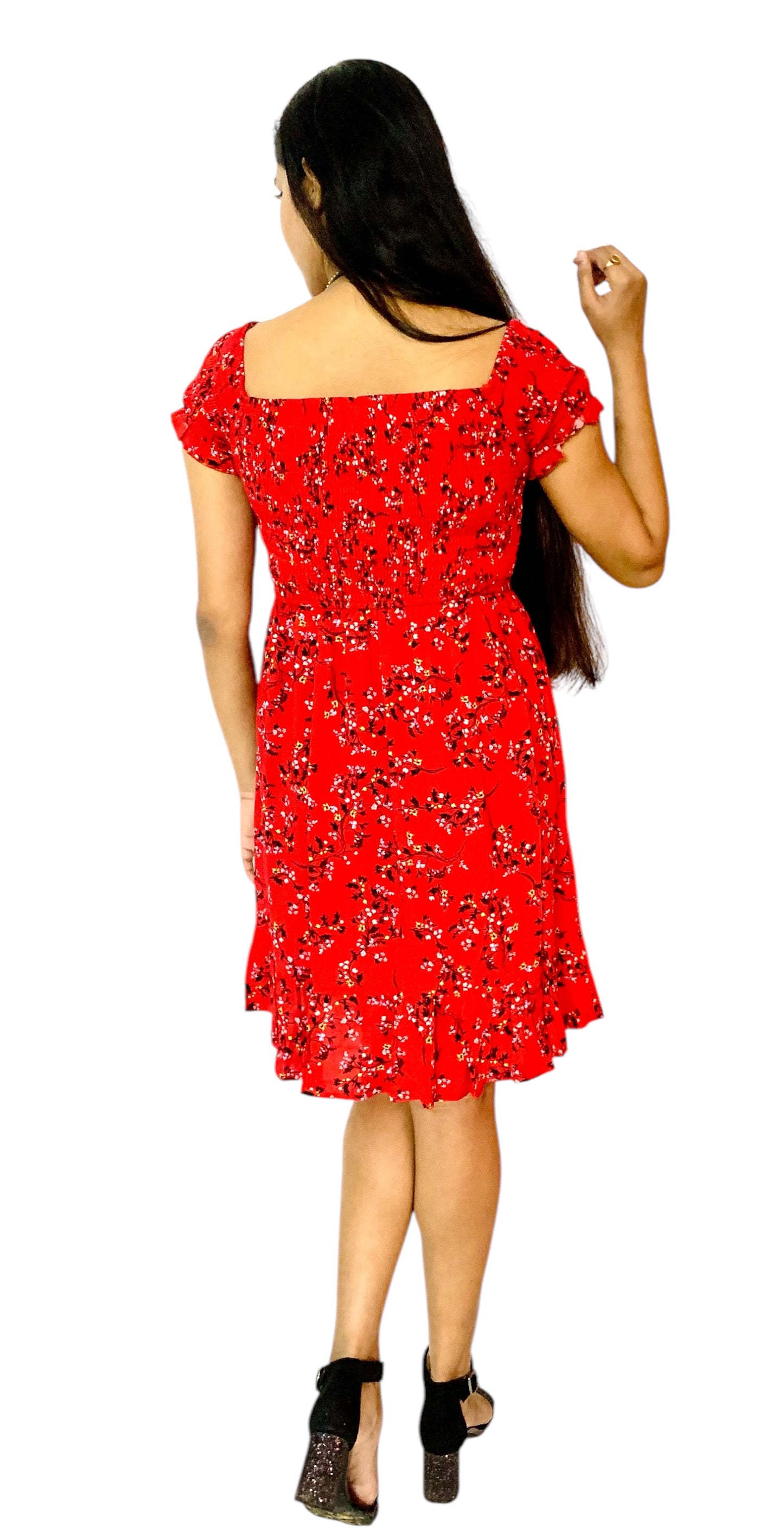 Women Red Color Printed Fit And Flare Off-Shoulder Dress.