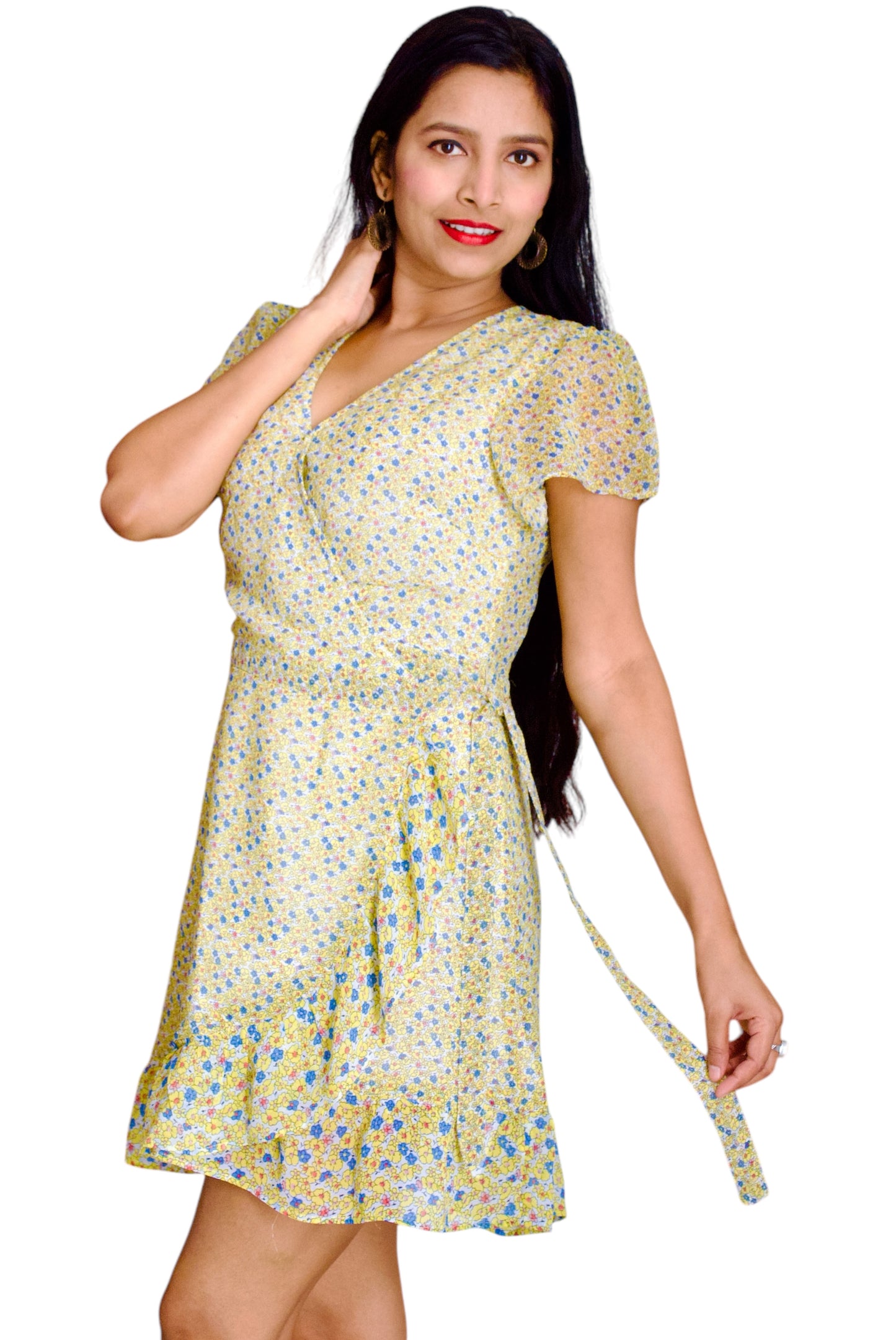 Women Yellow Color Printed V-neck Waist Wrap Dress.