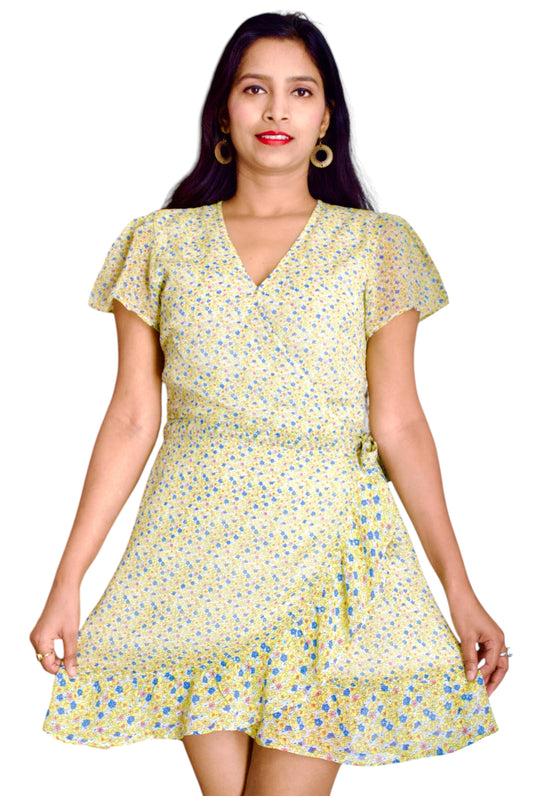 Women Yellow Color Printed V-neck Waist Wrap Dress.