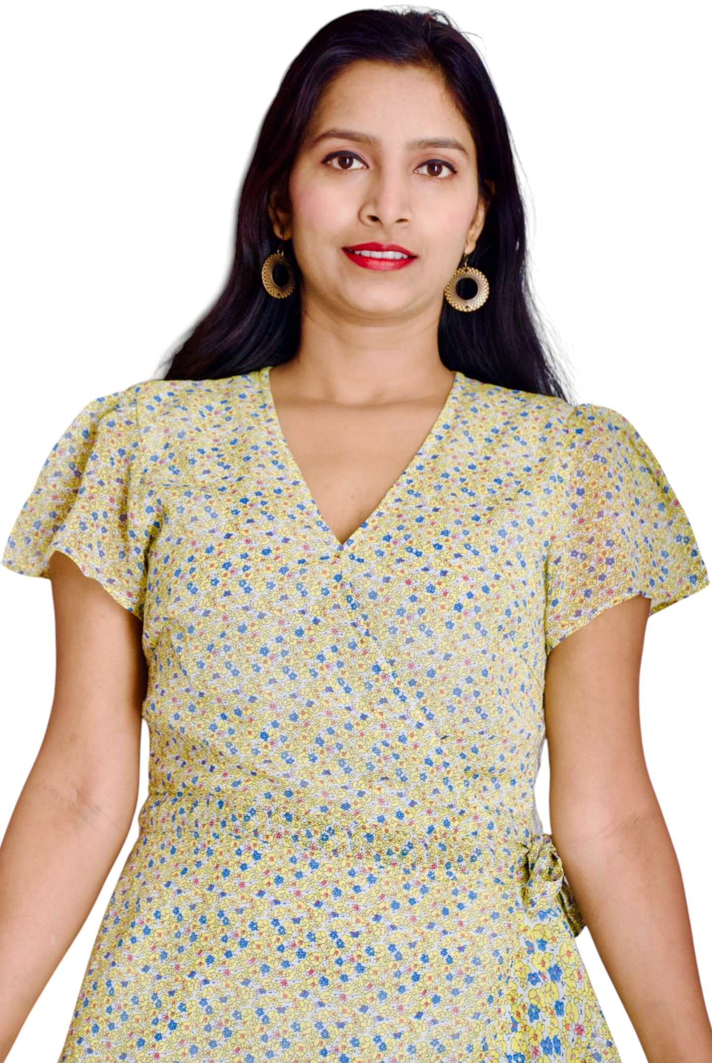Women Yellow Color Printed V-neck Waist Wrap Dress.